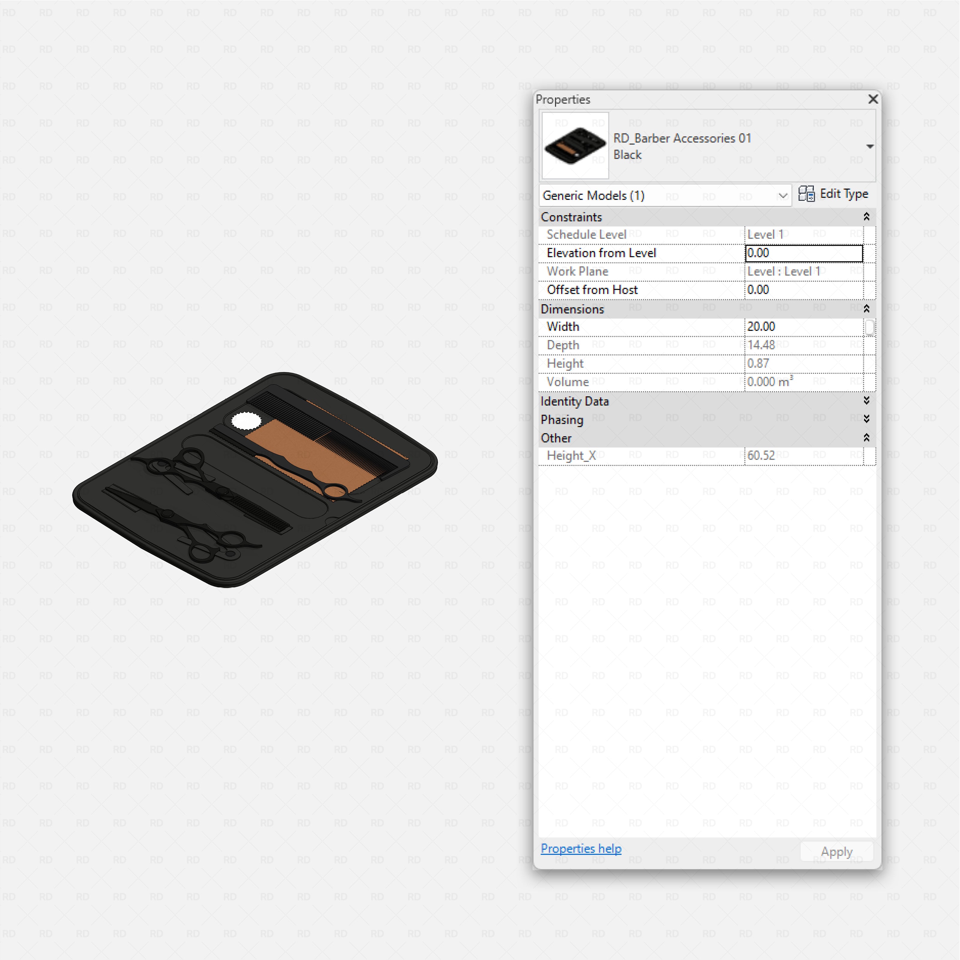 Revit barbershop Pack RD Studio BIM blocks rfa black barber accessories tray with combs and scissors