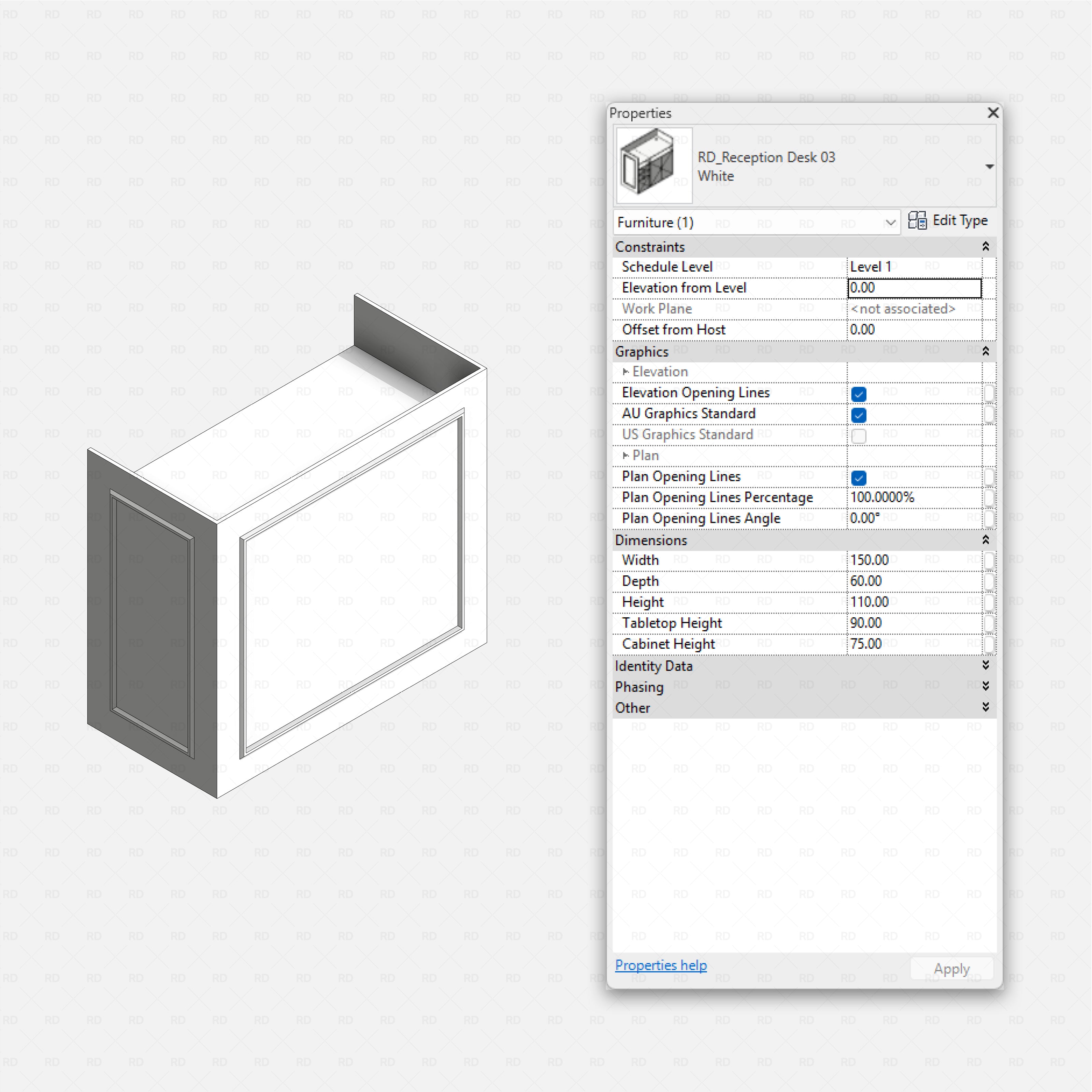 Revit barbershop Pack RD Studio BIM blocks rfa white reception desk with side panel and front frame