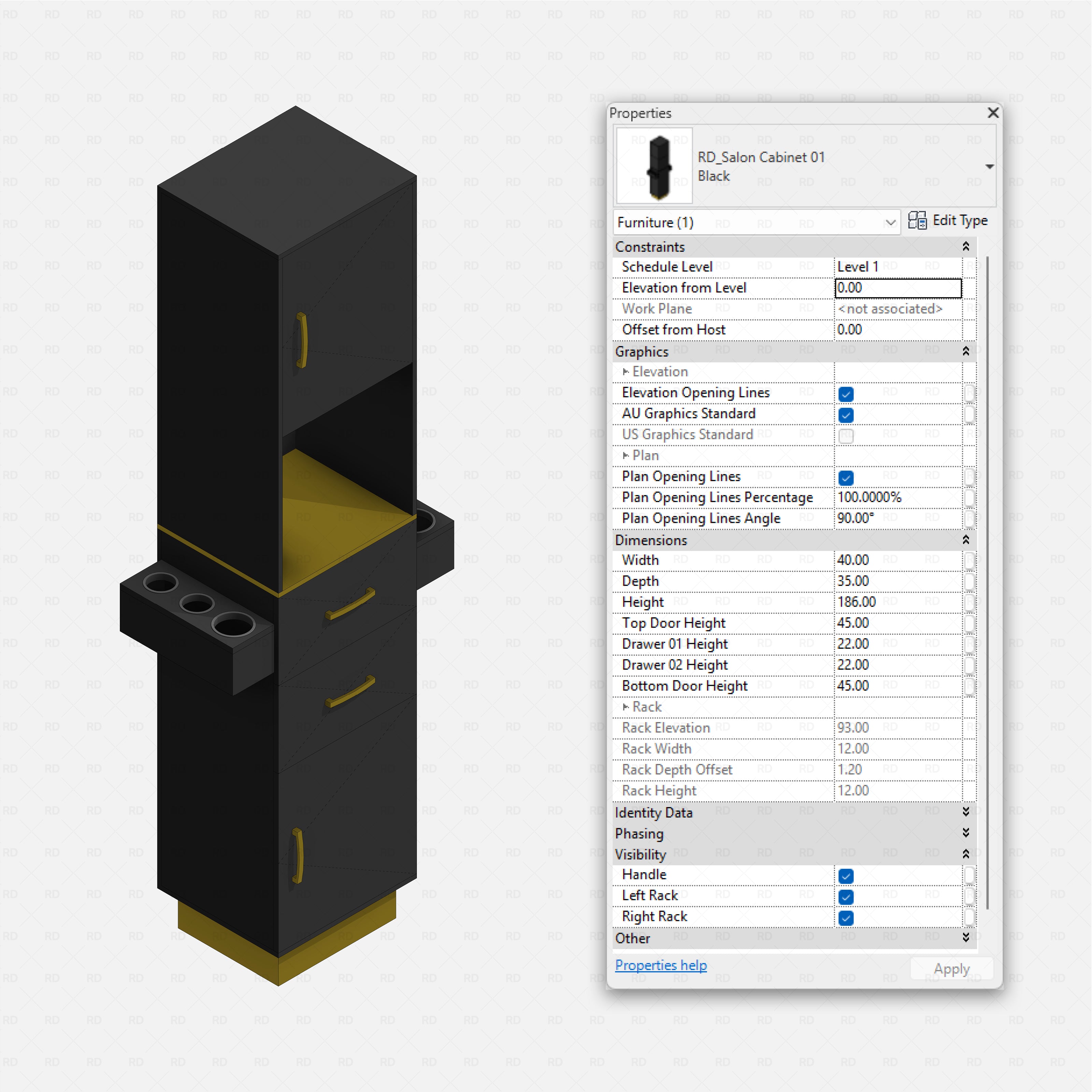 Revit barbershop Pack RD Studio BIM blocks rfa black salon cabinet tower with drawers and side racks