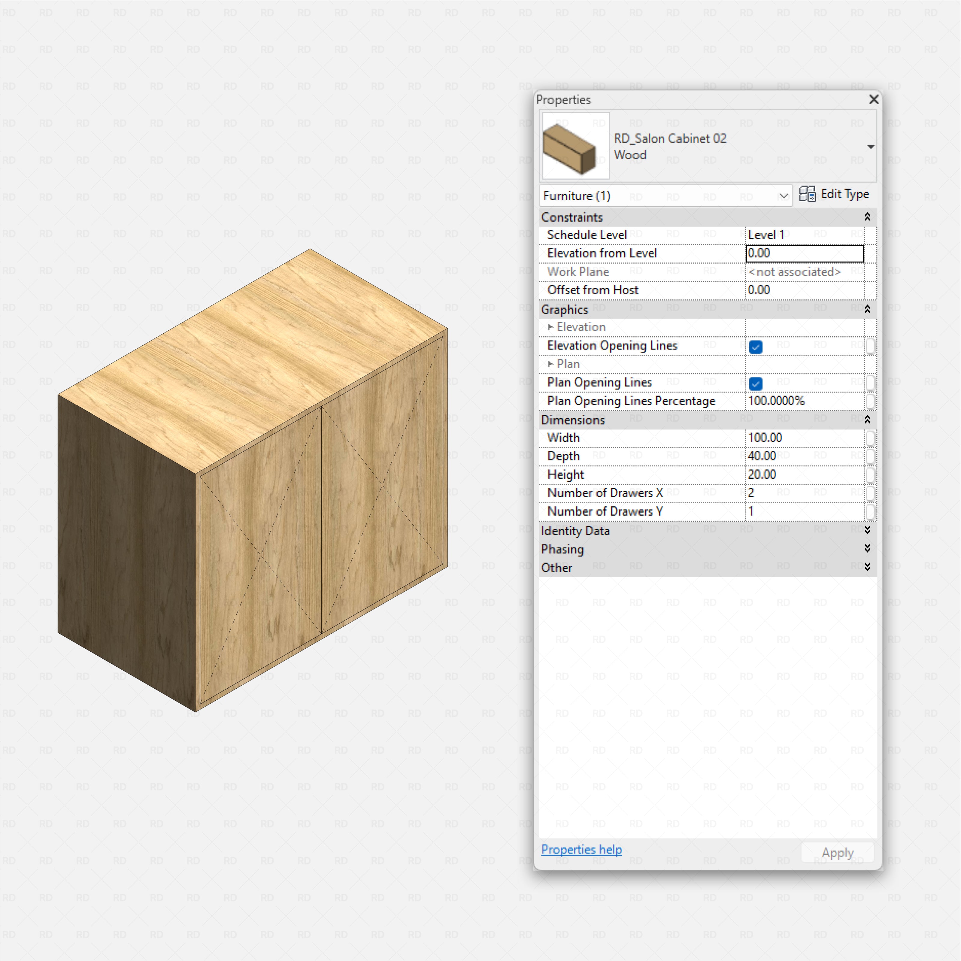 Revit barbershop Pack RD Studio BIM blocks rfa wood low salon cabinet with drawers