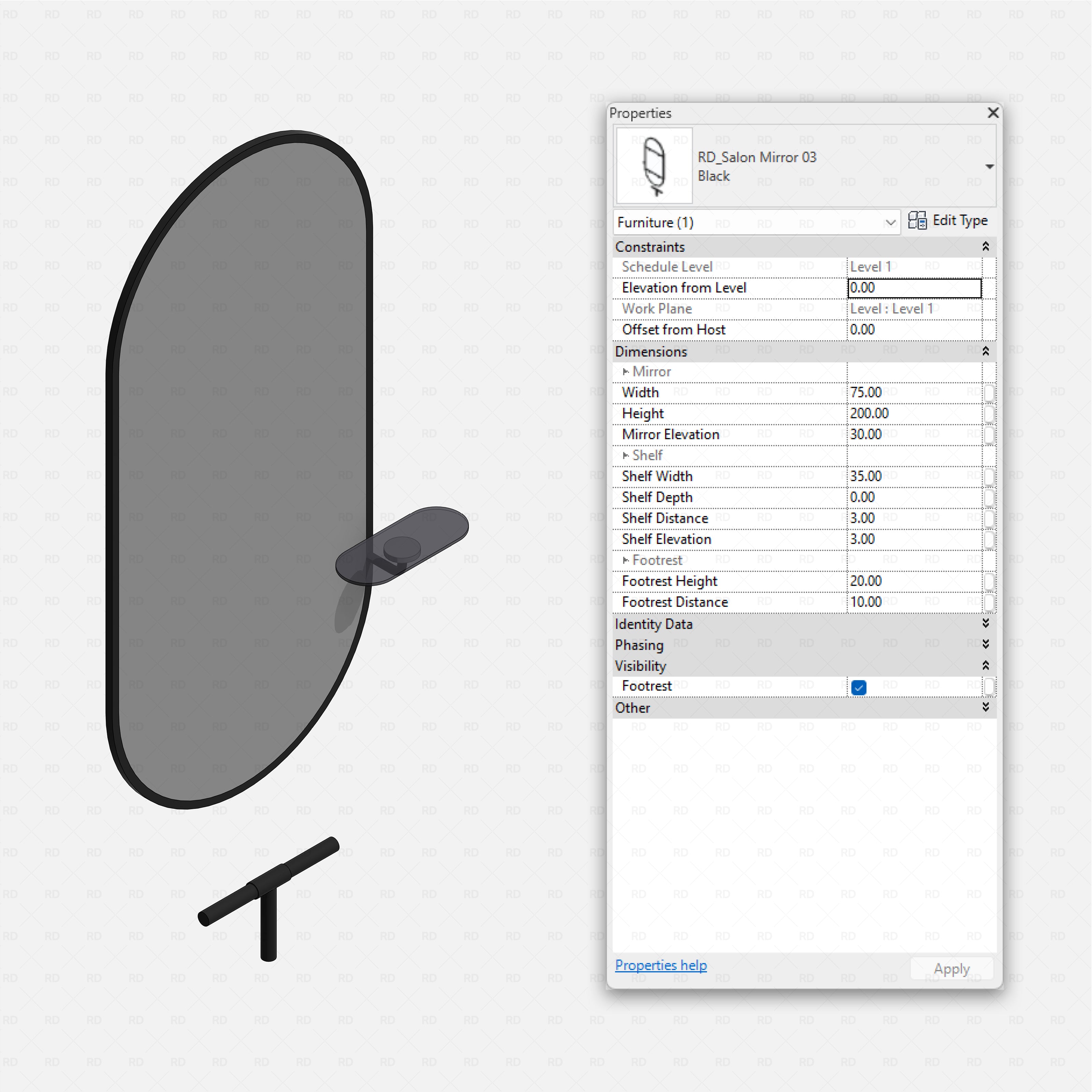 Revit barbershop Pack RD Studio BIM blocks rfa black oval salon mirror with footrest and side shelf