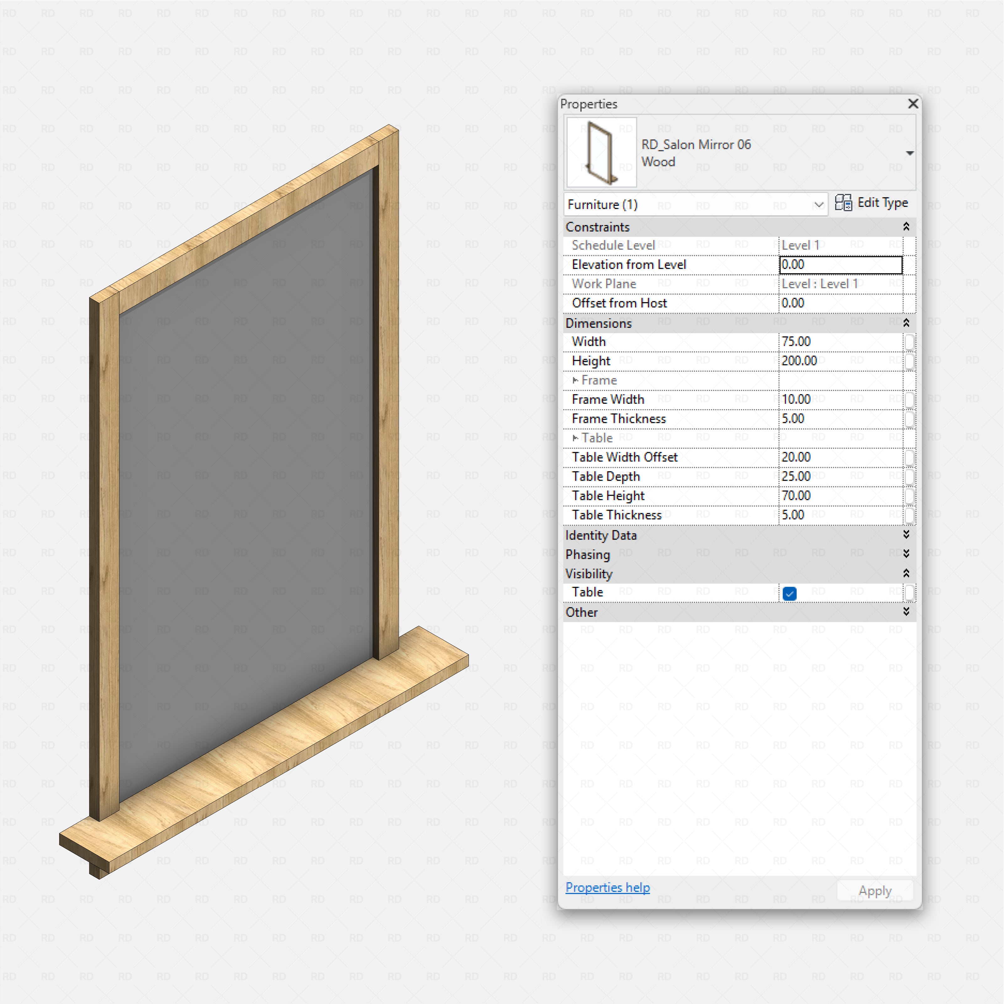 Revit barbershop Pack RD Studio BIM blocks rfa wood salon mirror with long bottom shelf