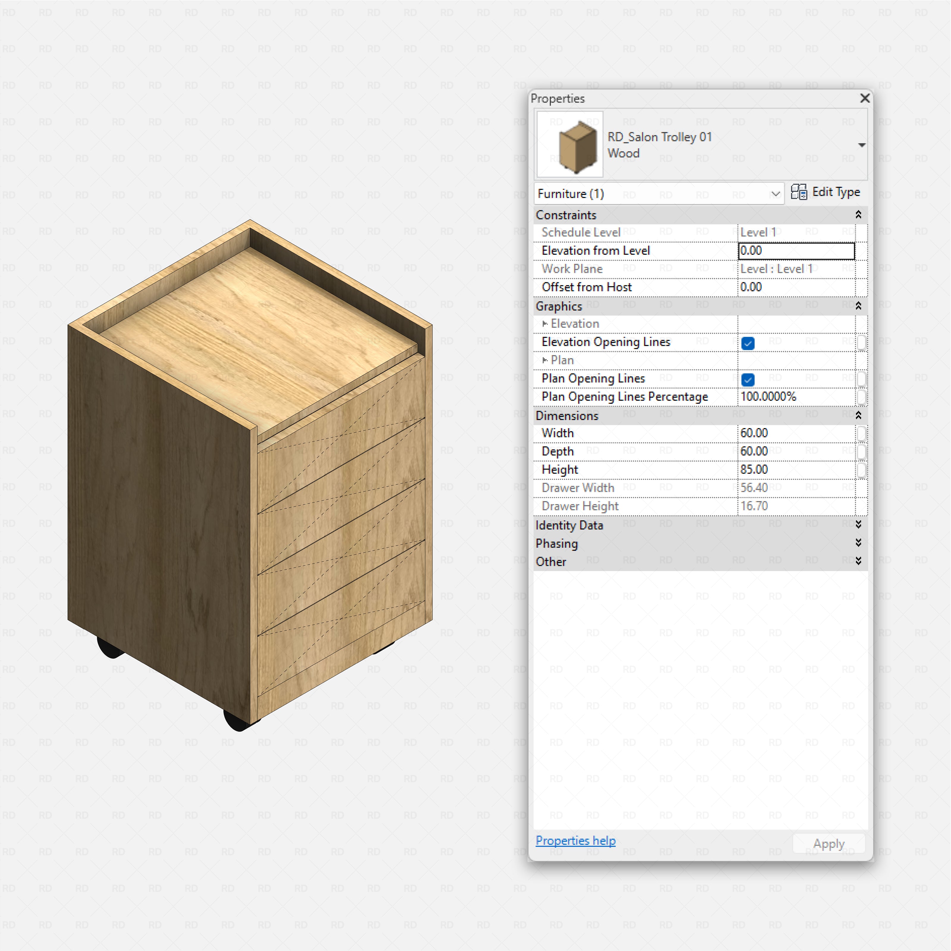 Revit barbershop Pack RD Studio BIM blocks rfa wood rolling salon trolley with drawers