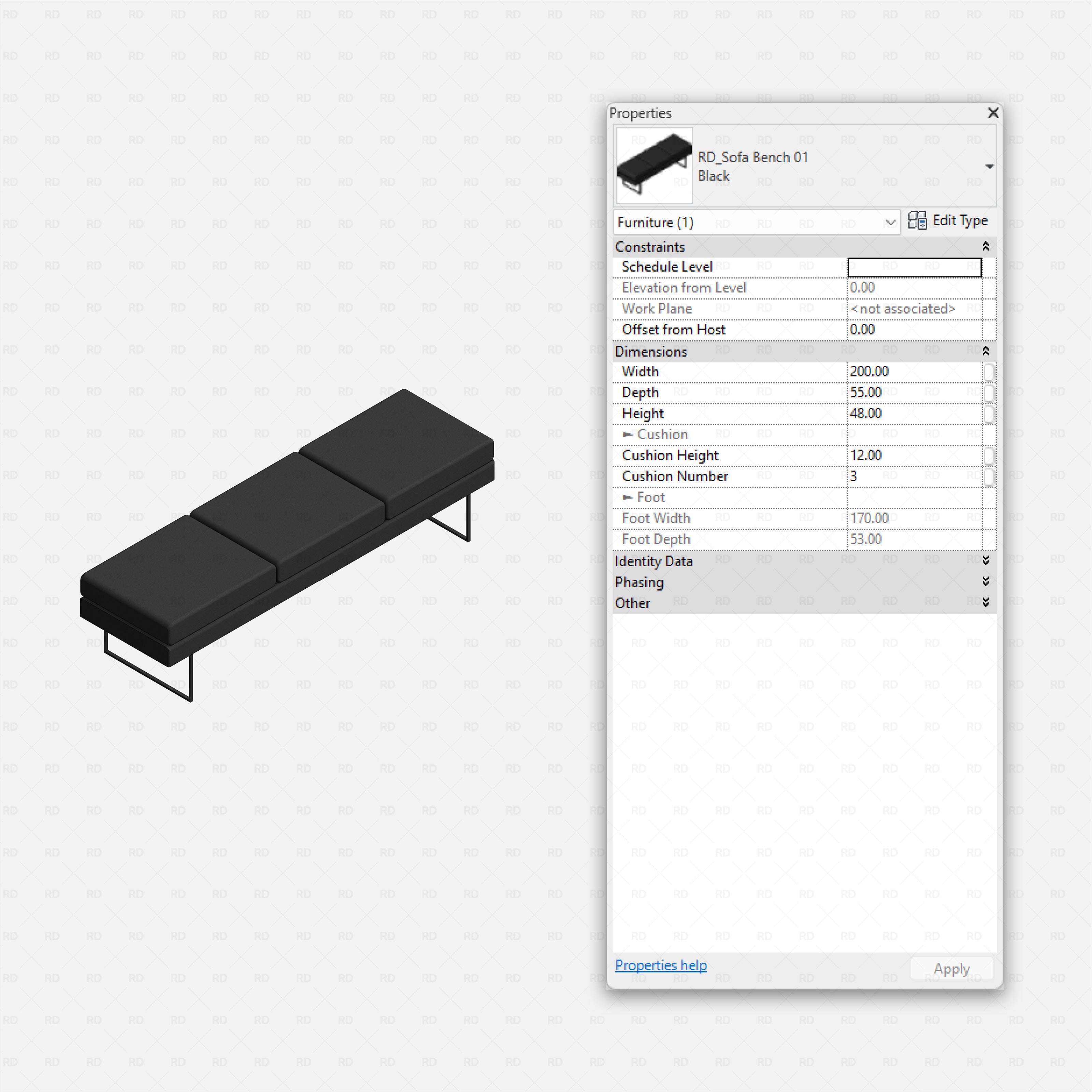 Revit barbershop Pack RD Studio BIM blocks rfa black three-cushion sofa bench