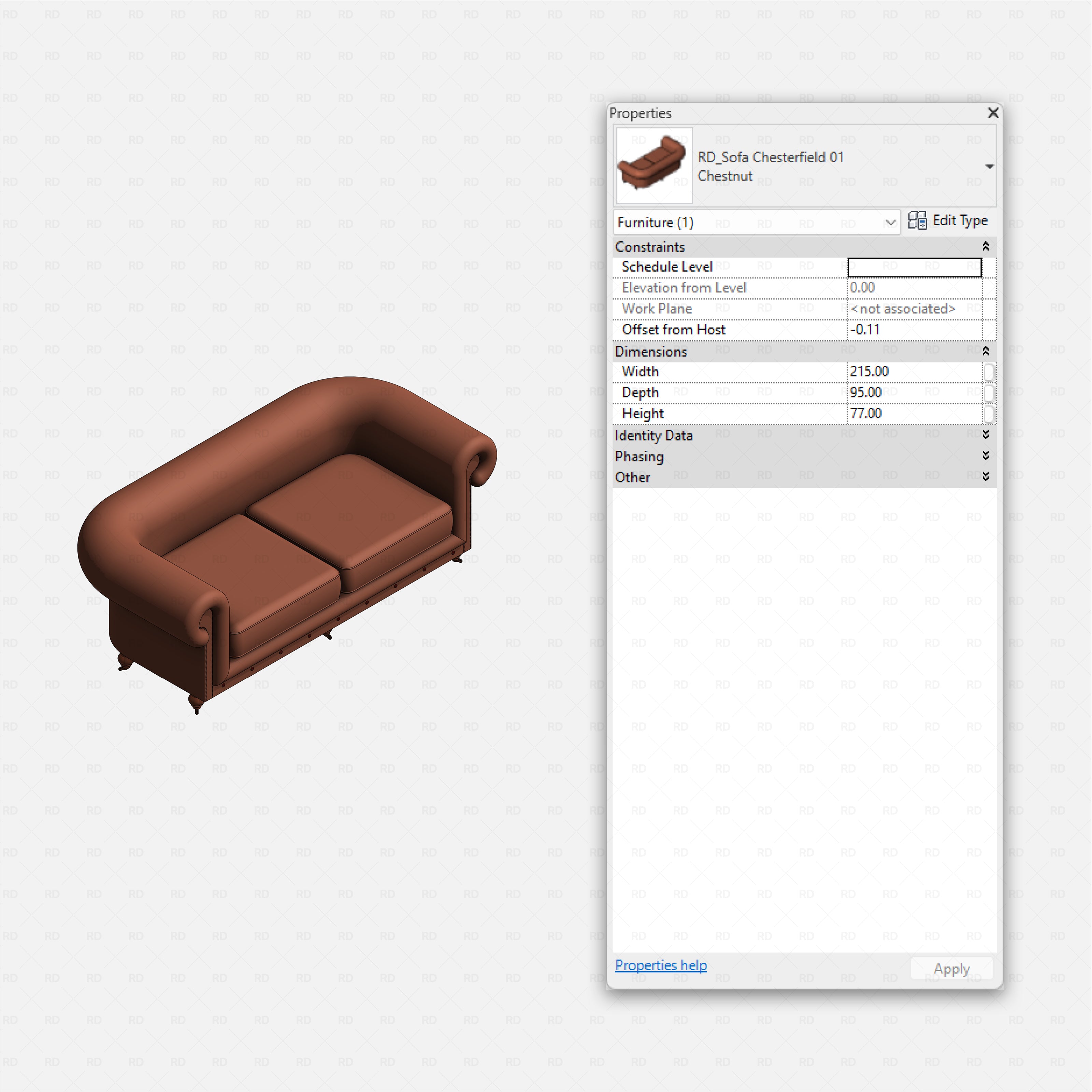 Revit barbershop Pack RD Studio BIM blocks rfa chestnut Chesterfield sofa