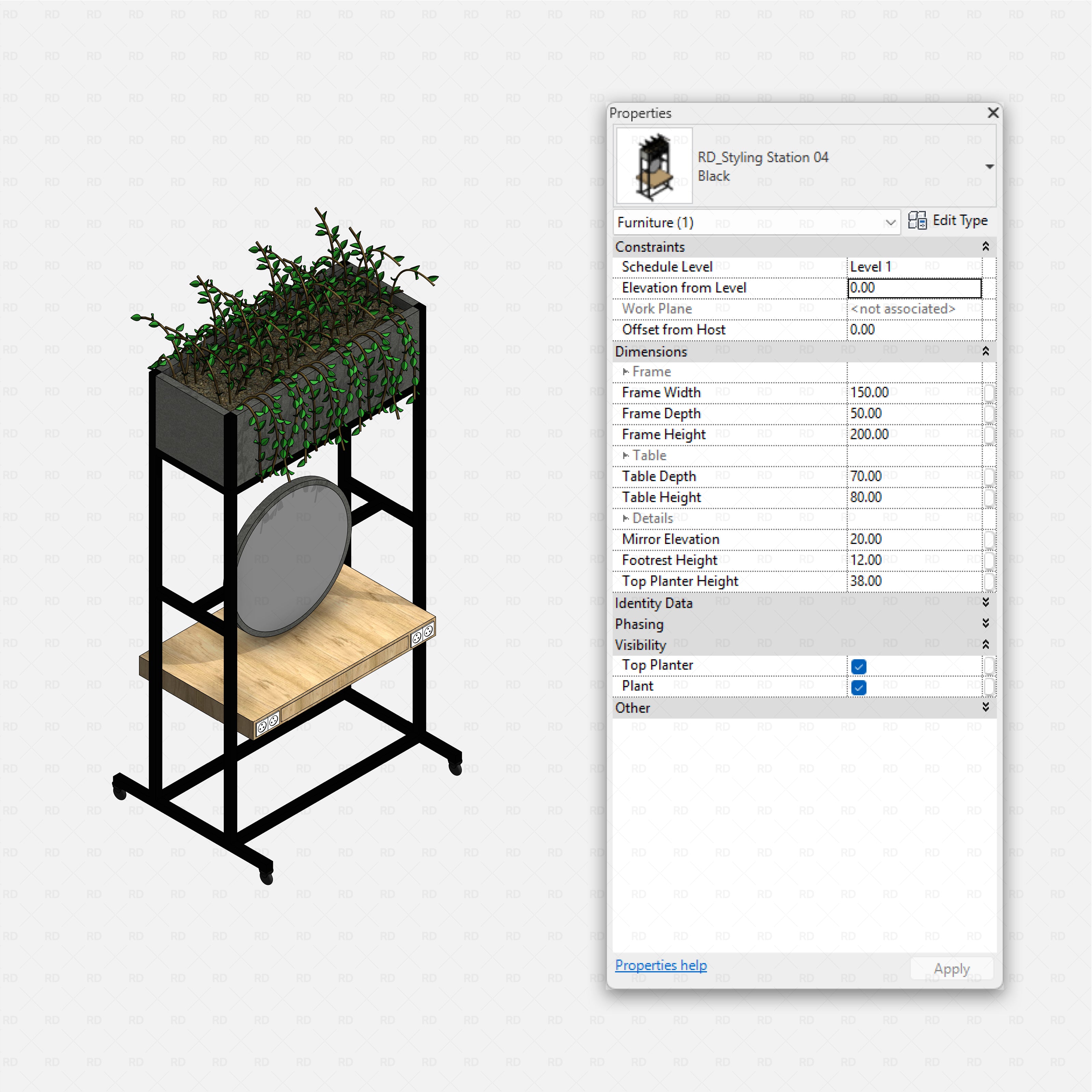 Revit barbershop Pack RD Studio BIM blocks rfa styling station with planter on top