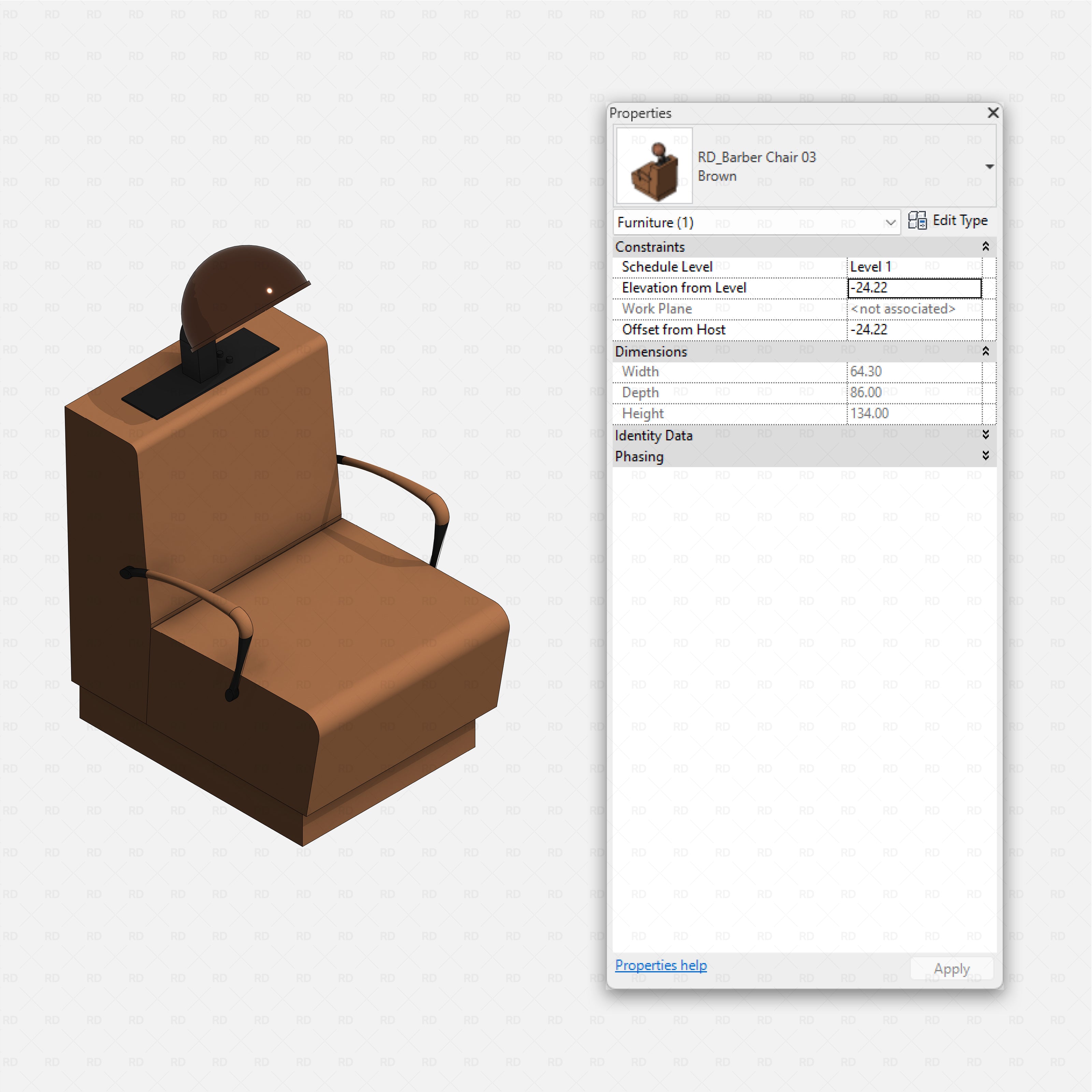 Revit barbershop Pack RD Studio BIM blocks rfa brown barber chair with hood hair dryer