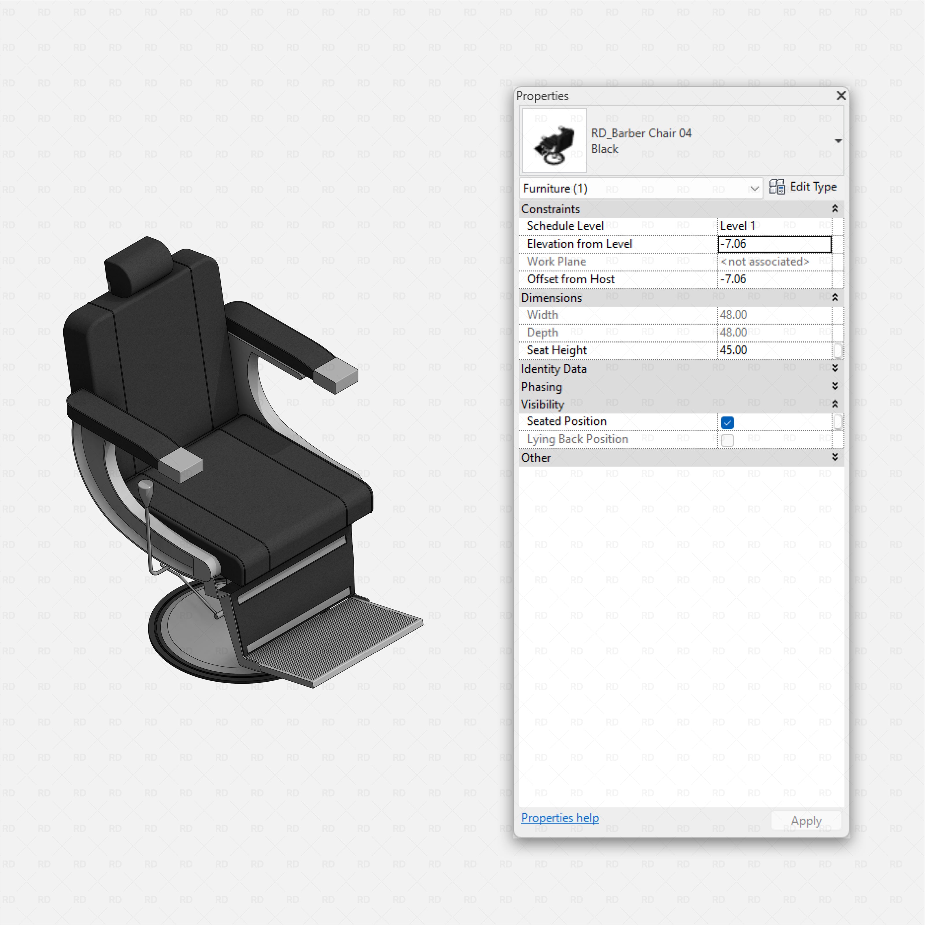Revit barbershop Pack RD Studio BIM blocks rfa black reclining barber chair with headrest and footrest