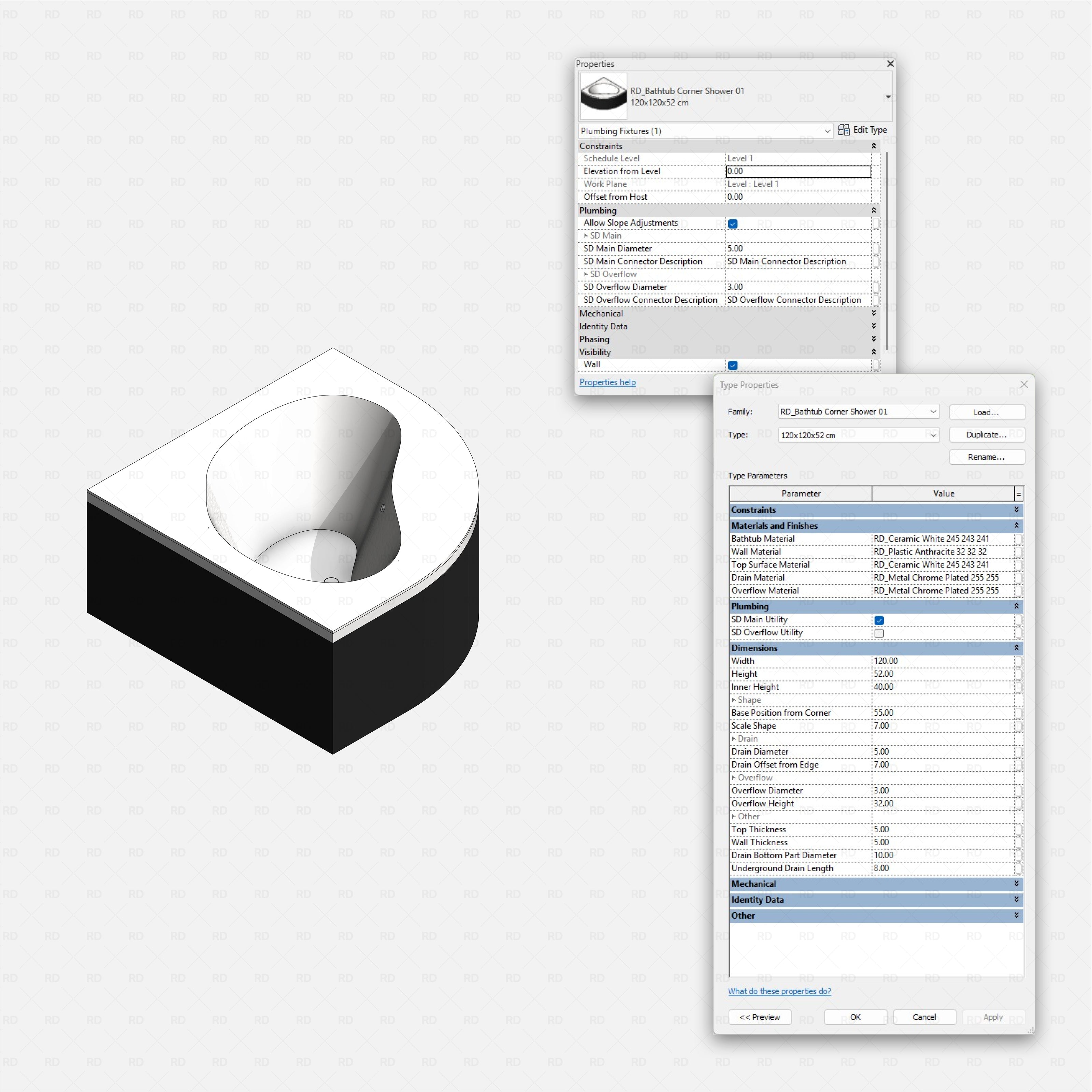 Revit bathtubs 01 Pack RD Studio BIM blocks rfa corner shower bathtub