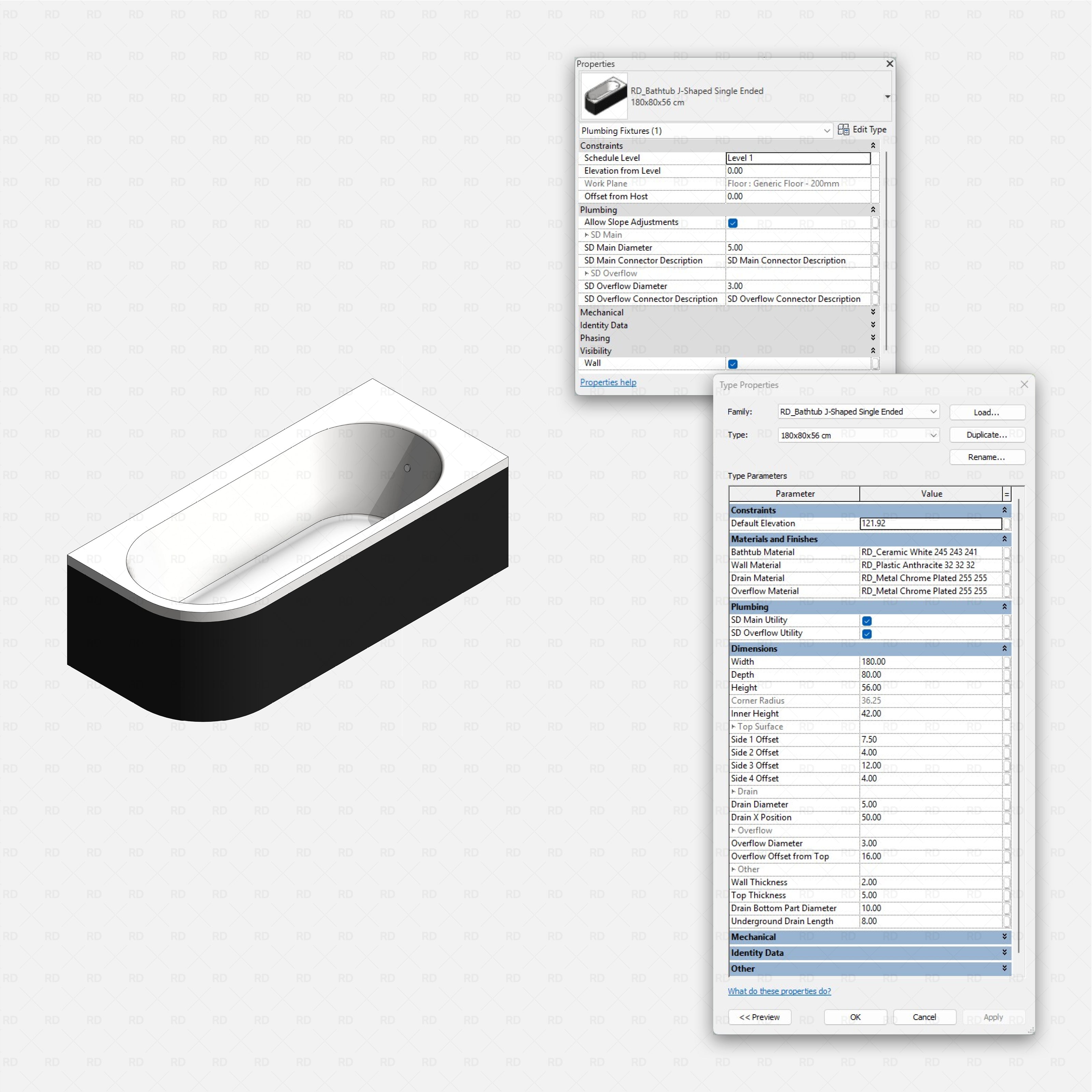 Revit bathtubs 01 Pack RD Studio BIM blocks rfa J-shaped single ended bathtub