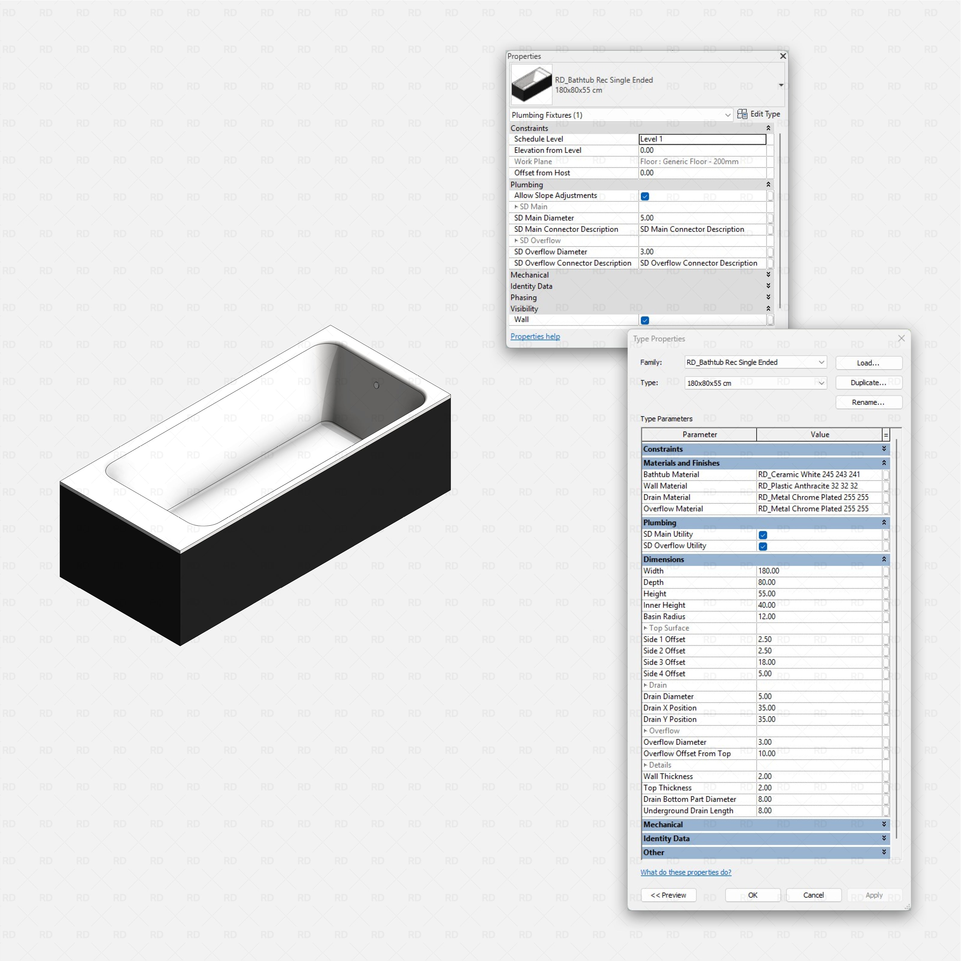 Revit bathtubs 01 Pack RD Studio BIM blocks rfa rectangular single ended bathtub