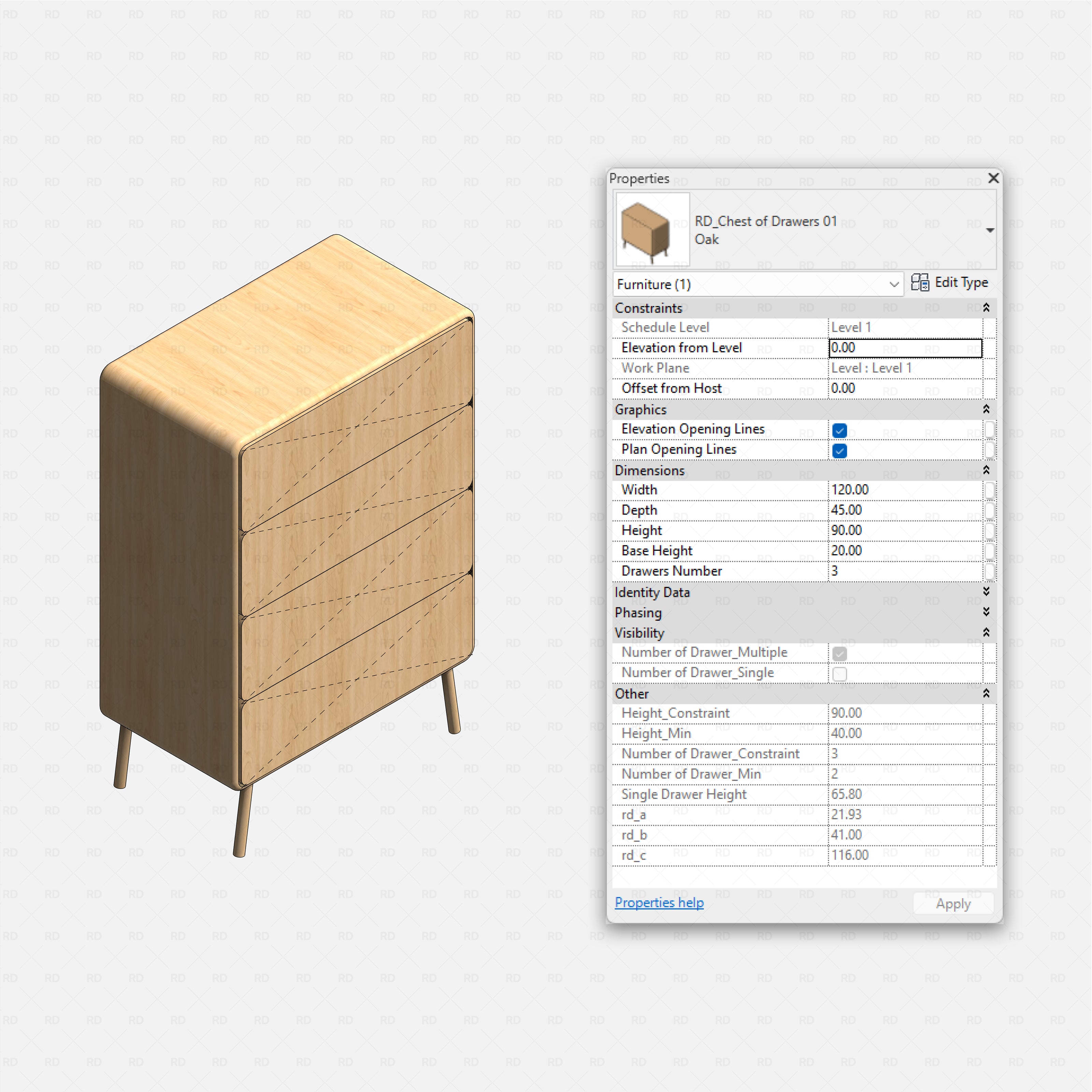 Revit Bedroom Set 01 Pack RD Studio BIM blocks rfa tall chest of drawers family with adjustable drawers and Revit properties