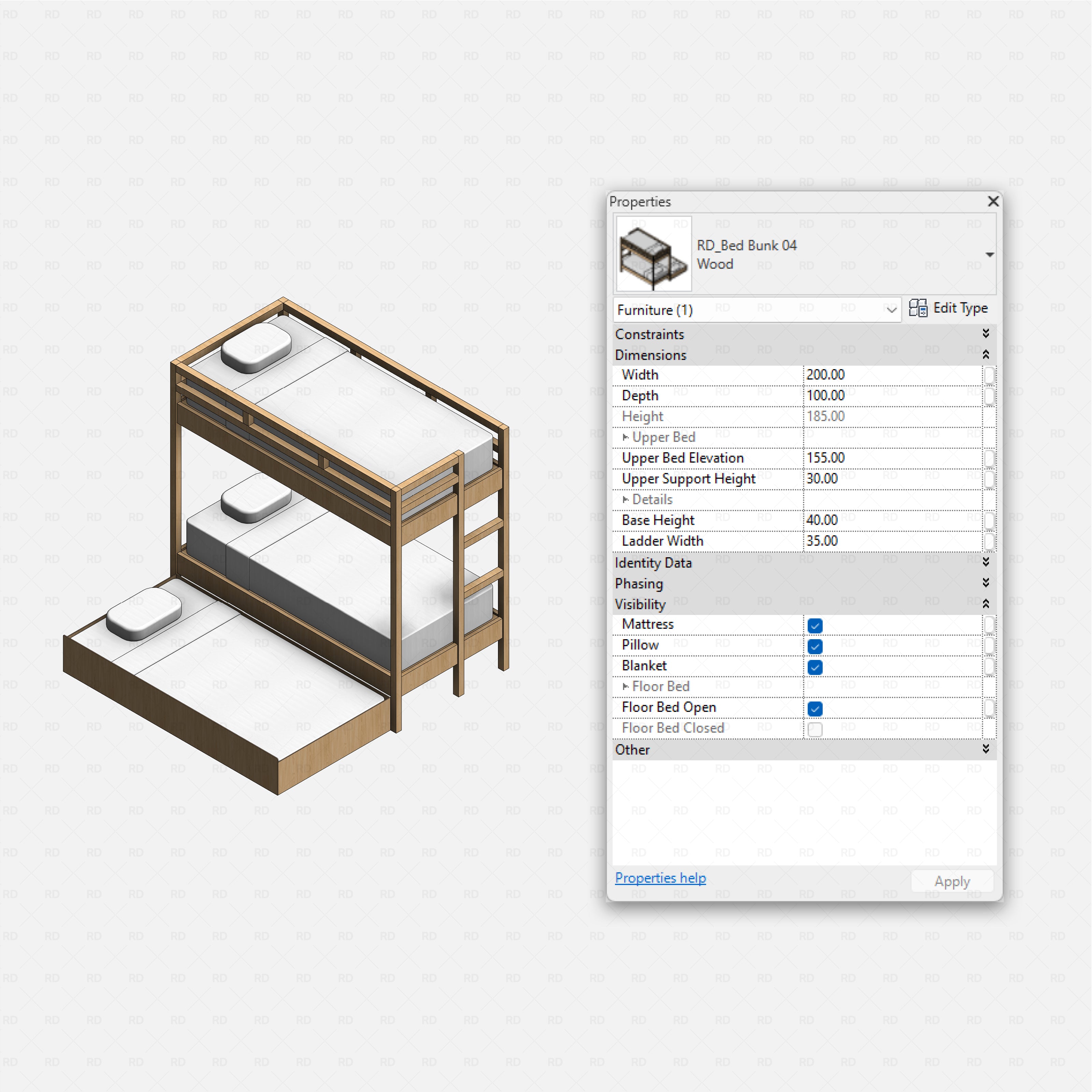 Revit bunk beds 01 pack RD Studio BIM blocks rfa, wood bunk bed with pull-out floor bed and side ladder