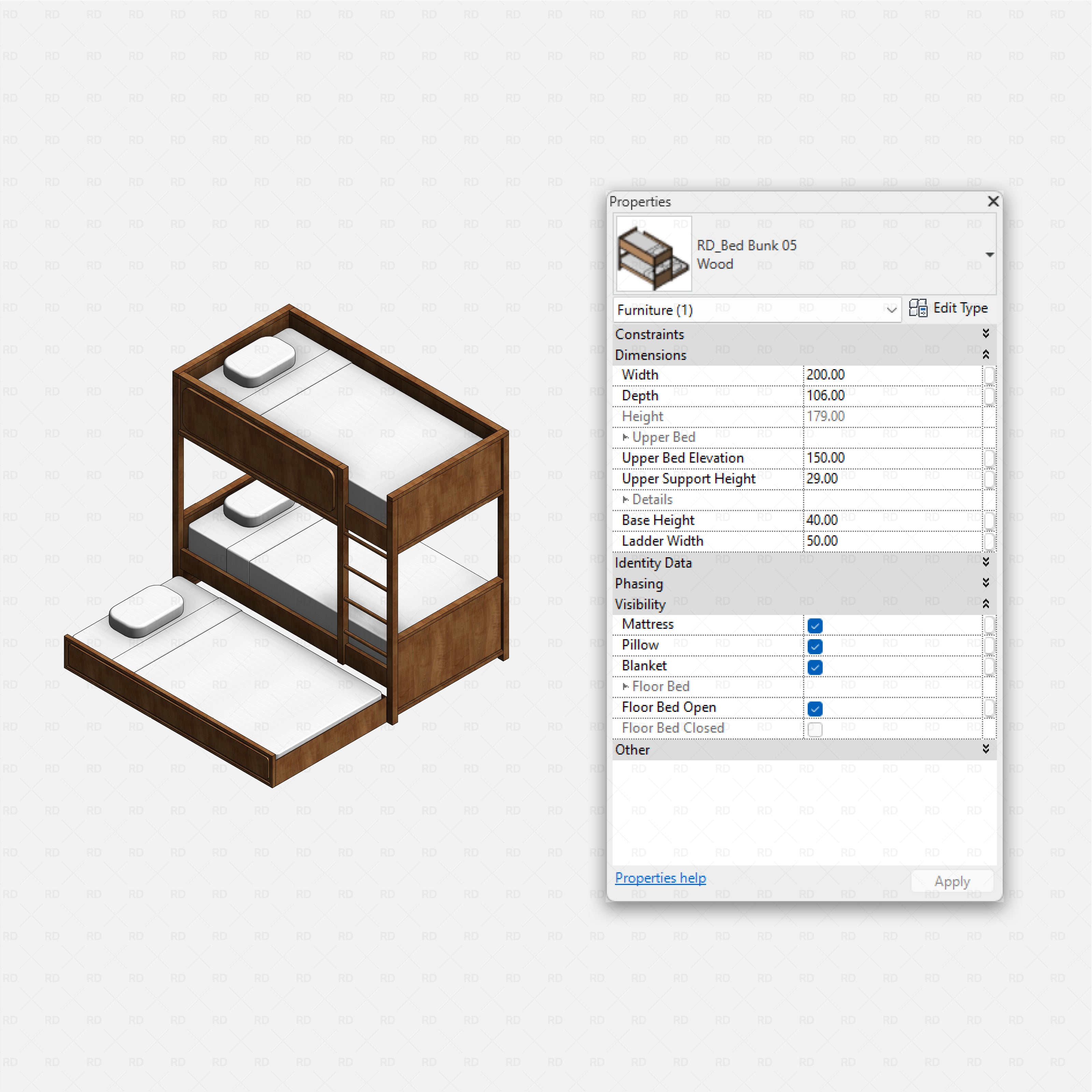 Revit bunk beds 01 pack RD Studio BIM blocks rfa, sturdy wood bunk with pull-out trundle floor bed feature