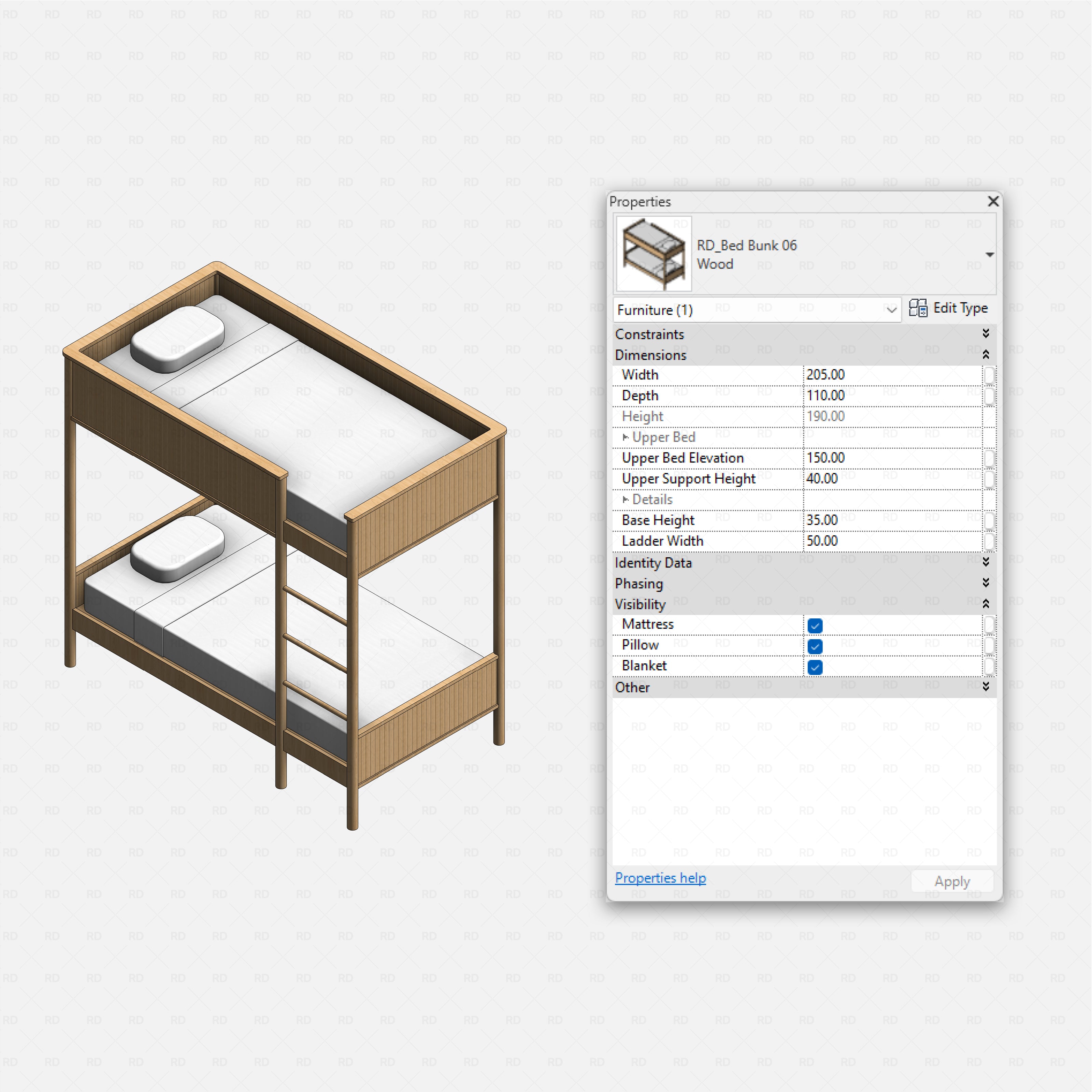 Revit bunk beds 01 pack RD Studio BIM blocks rfa, slim wood slat bunk frame with integrated ladder