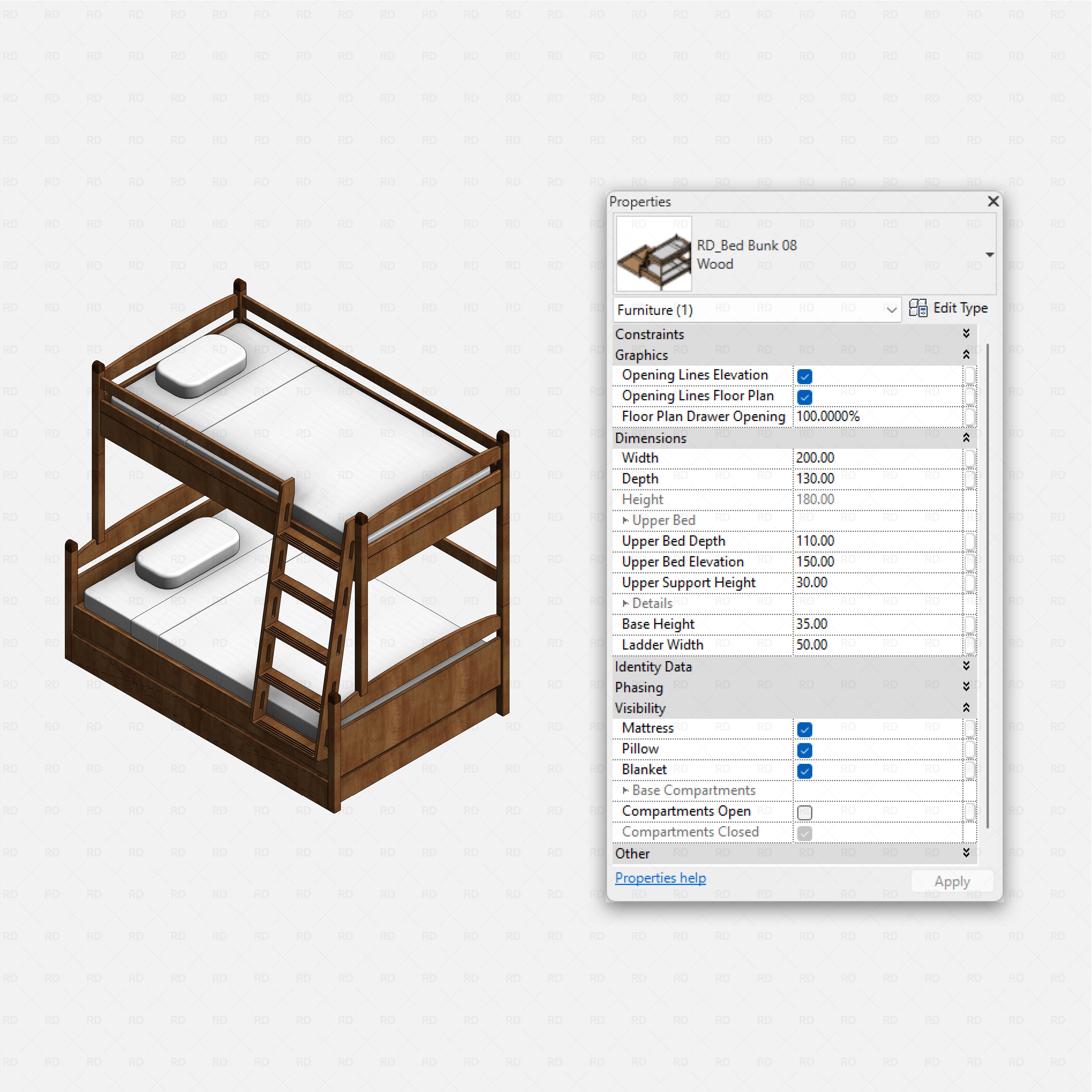 Revit bunk beds 01 pack RD Studio BIM blocks rfa Bed Bunk 08 wood frame with angled ladder and optional base storage