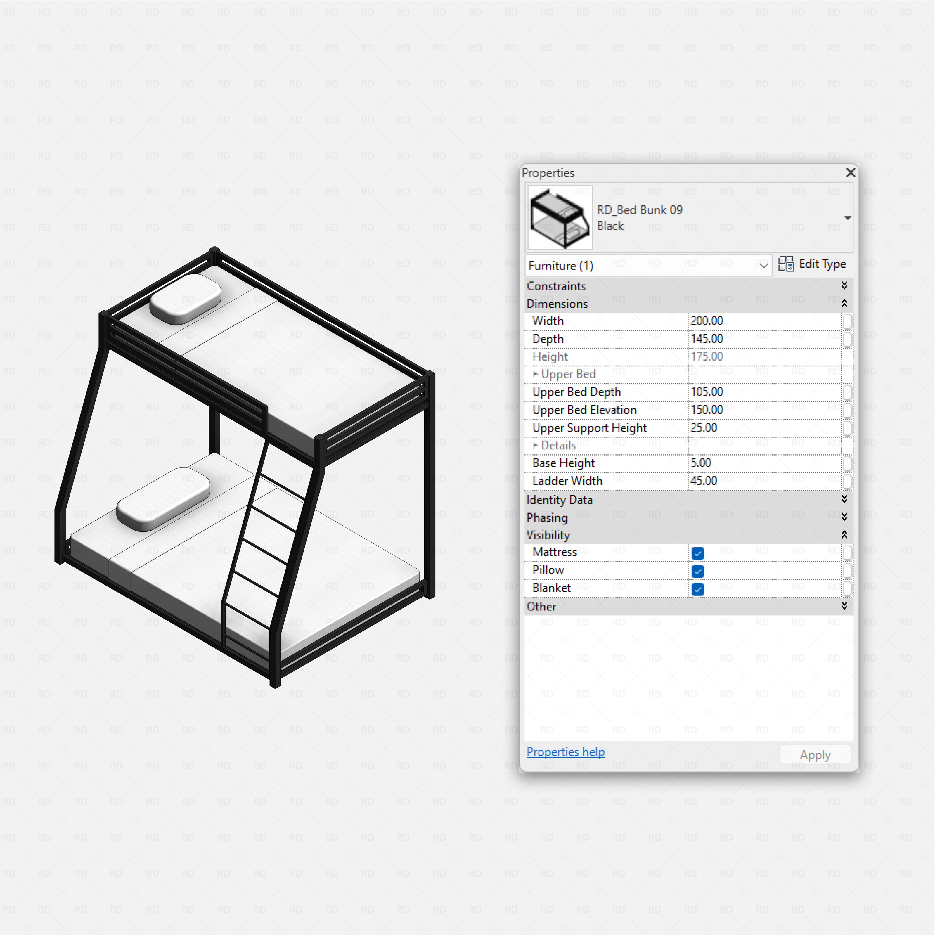Revit bunk beds 01 pack RD Studio BIM blocks rfa Bed Bunk 09 black A-frame with sloped front and ladder