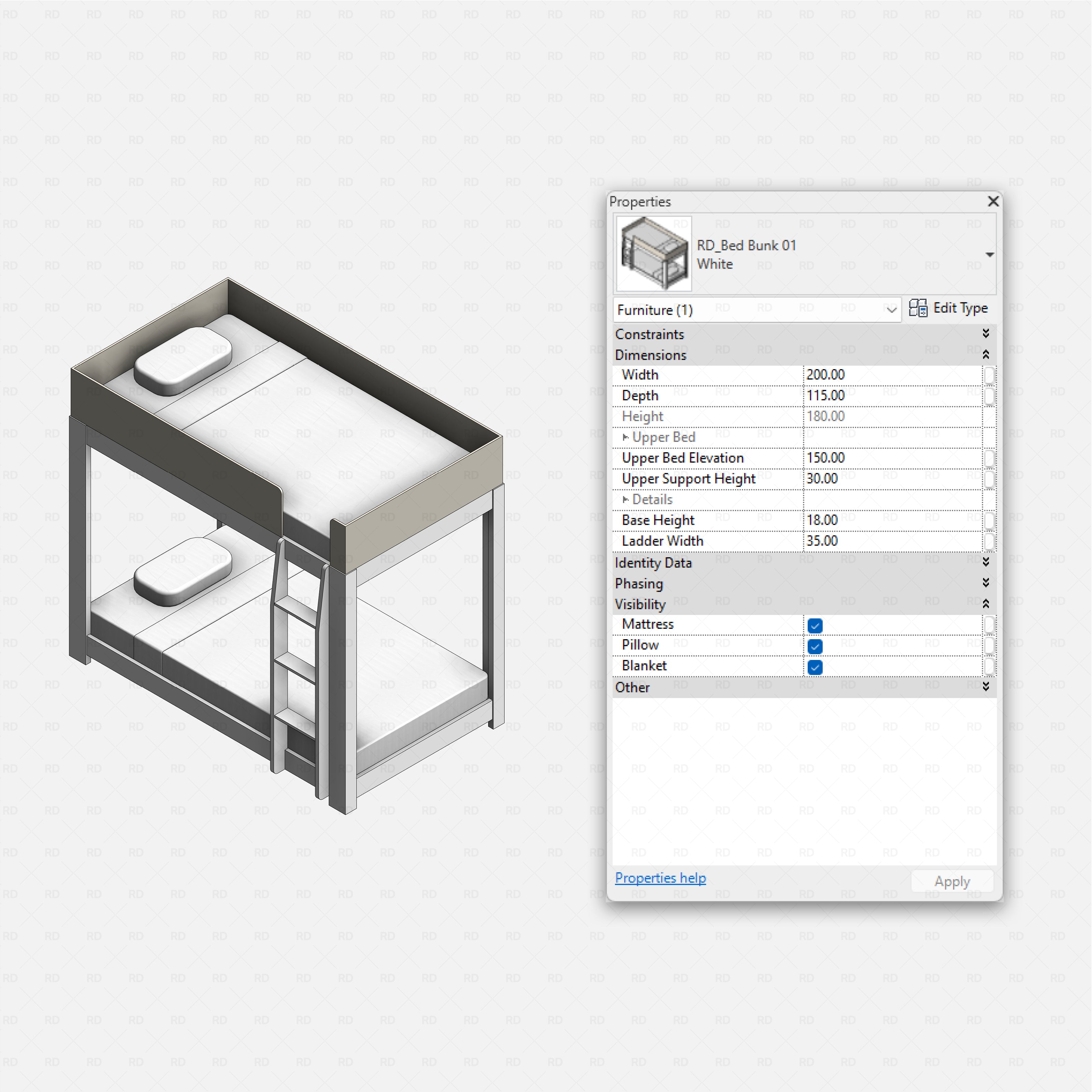 Revit bunk beds 01 pack RD Studio BIM blocks rfa, metal frame bunk bed with side ladder and minimal rails