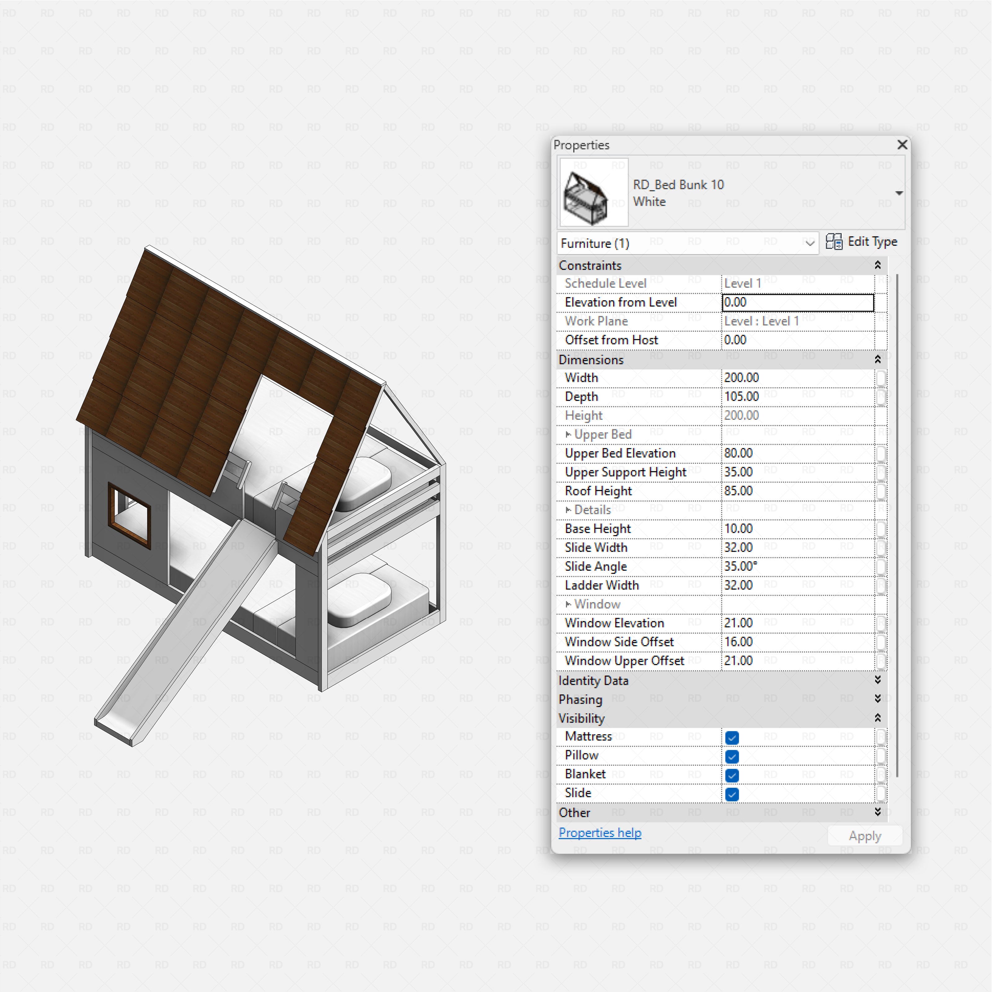 Revit bunk beds 02 pack RD Studio BIM blocks rfa, house-style bunk bed with gable roof and slide, parametric settings shown.