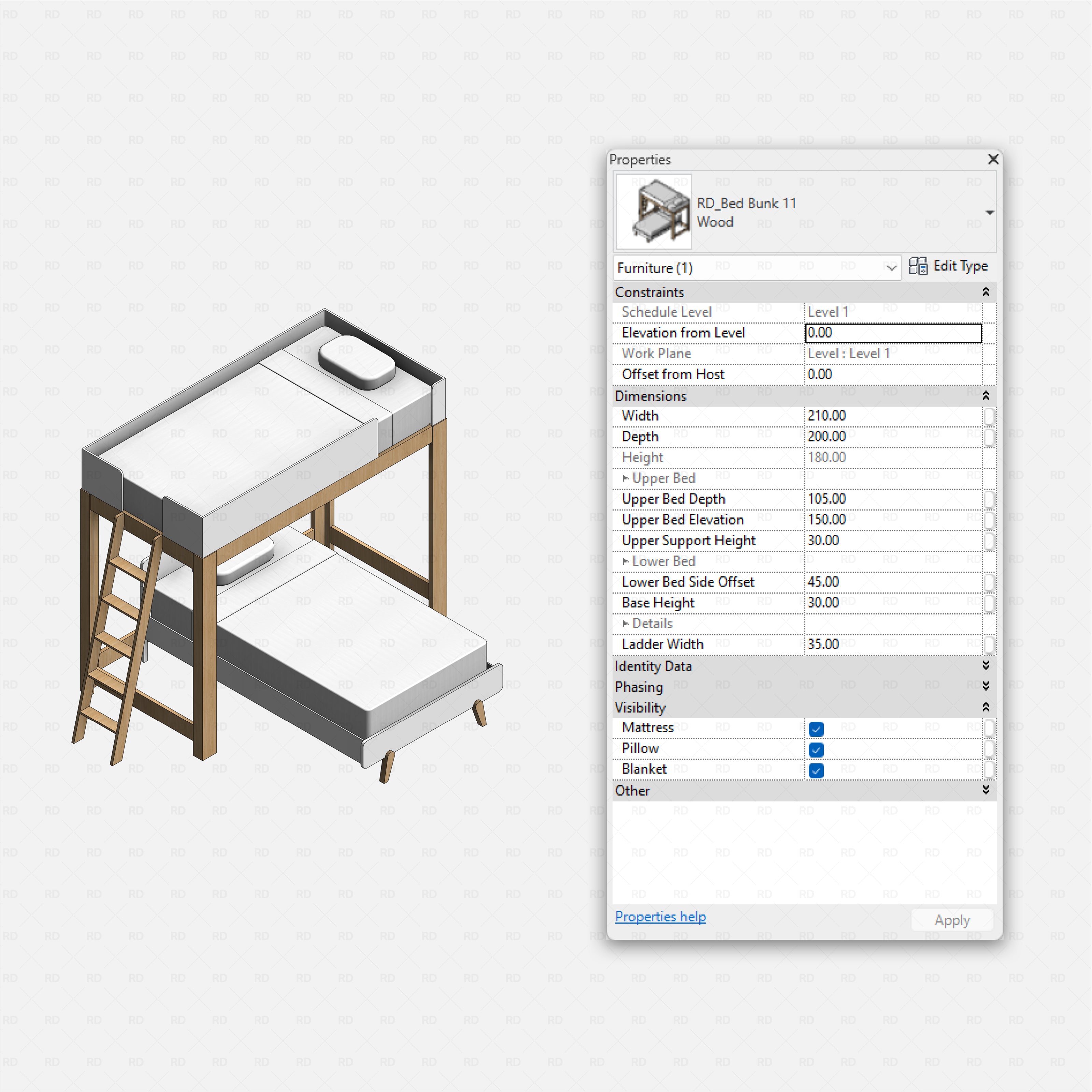 Revit bunk beds 02 pack RD Studio BIM blocks rfa, loft bunk with pull-out lower bed and ladder, parameter panel visible.