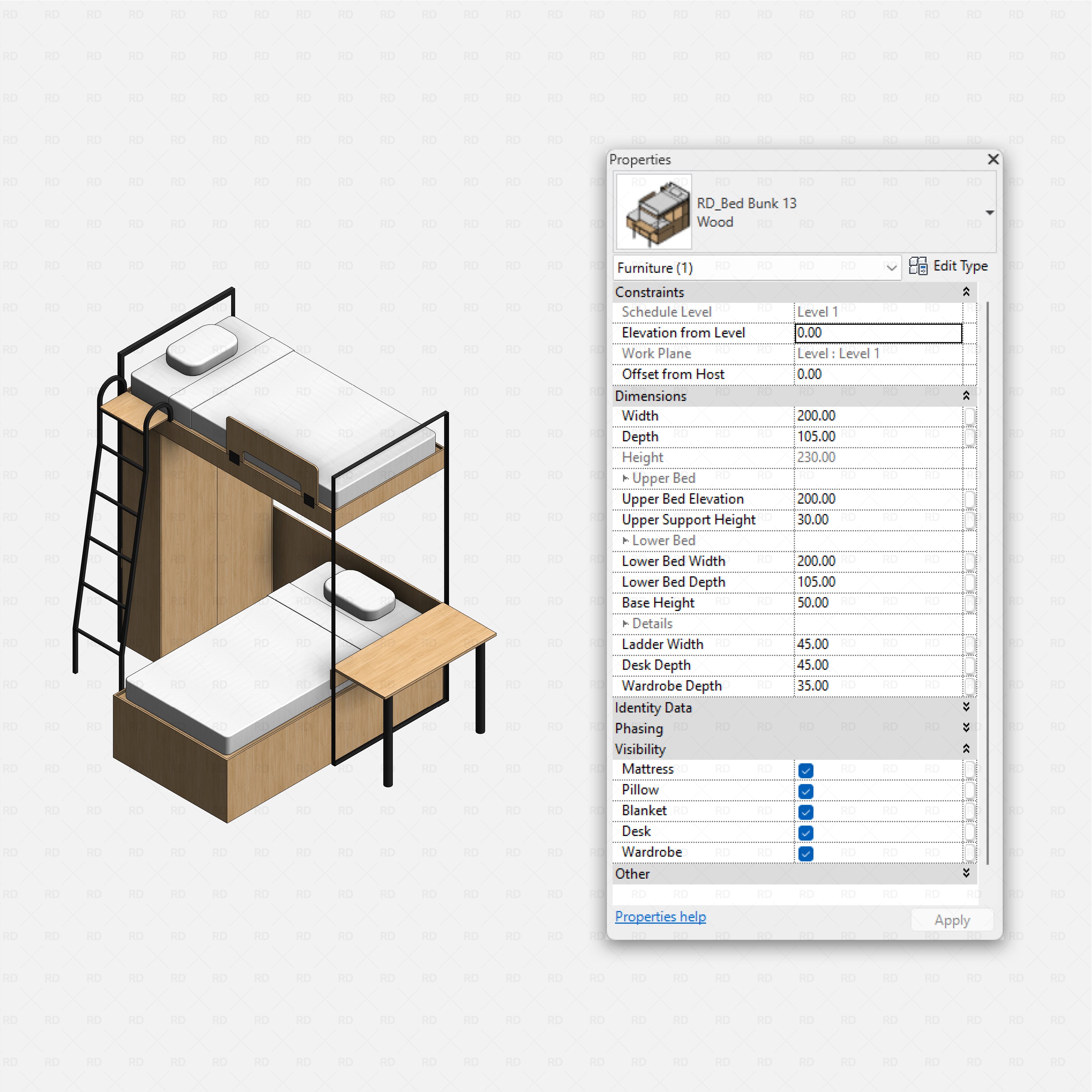 Revit bunk beds 02 pack RD Studio BIM blocks rfa, study bunk with desk and wardrobe panel, black frame, properties shown.