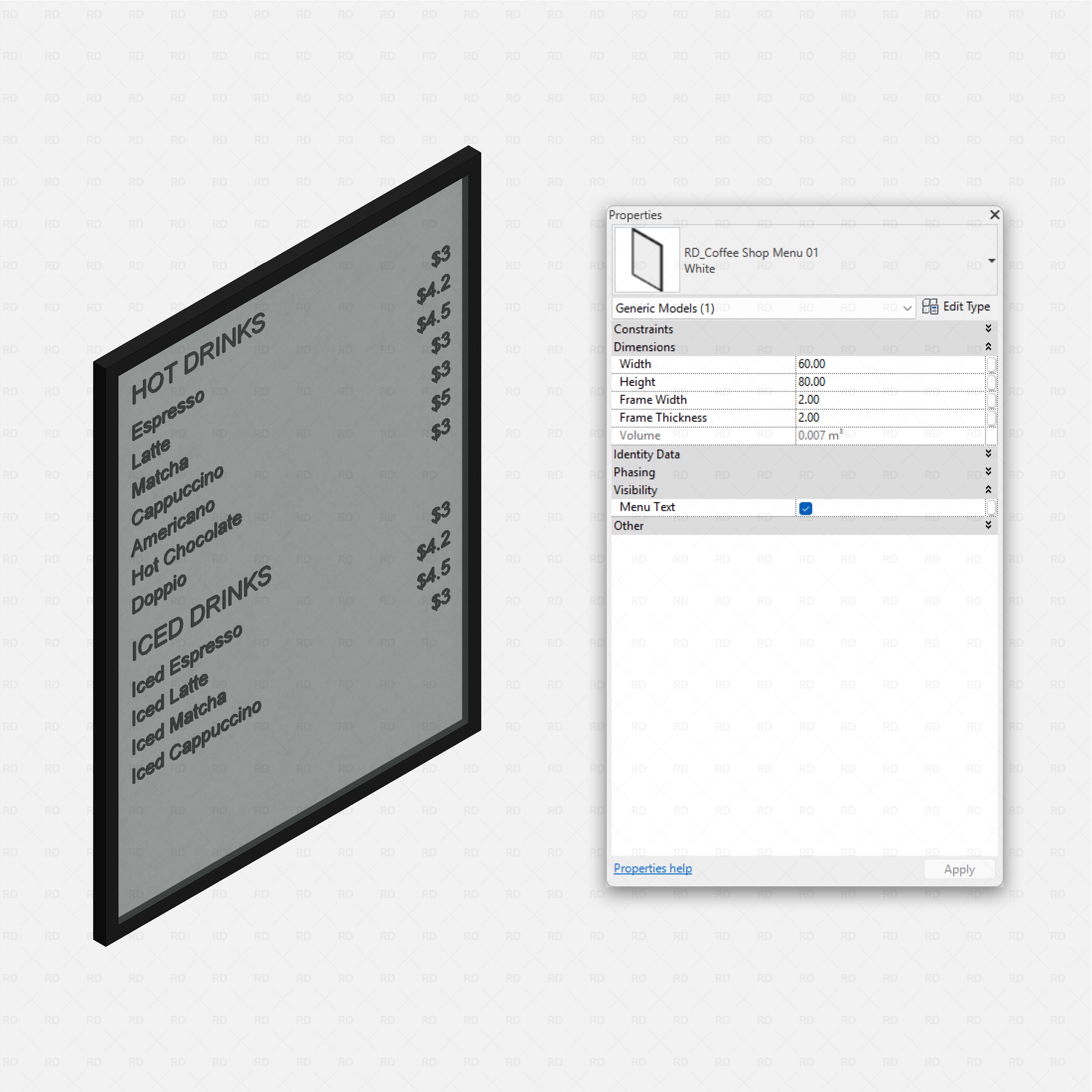 Revit Coffee Shop Furniture and Equipment pack RD Studio BIM blocks rfa framed wall menu board family