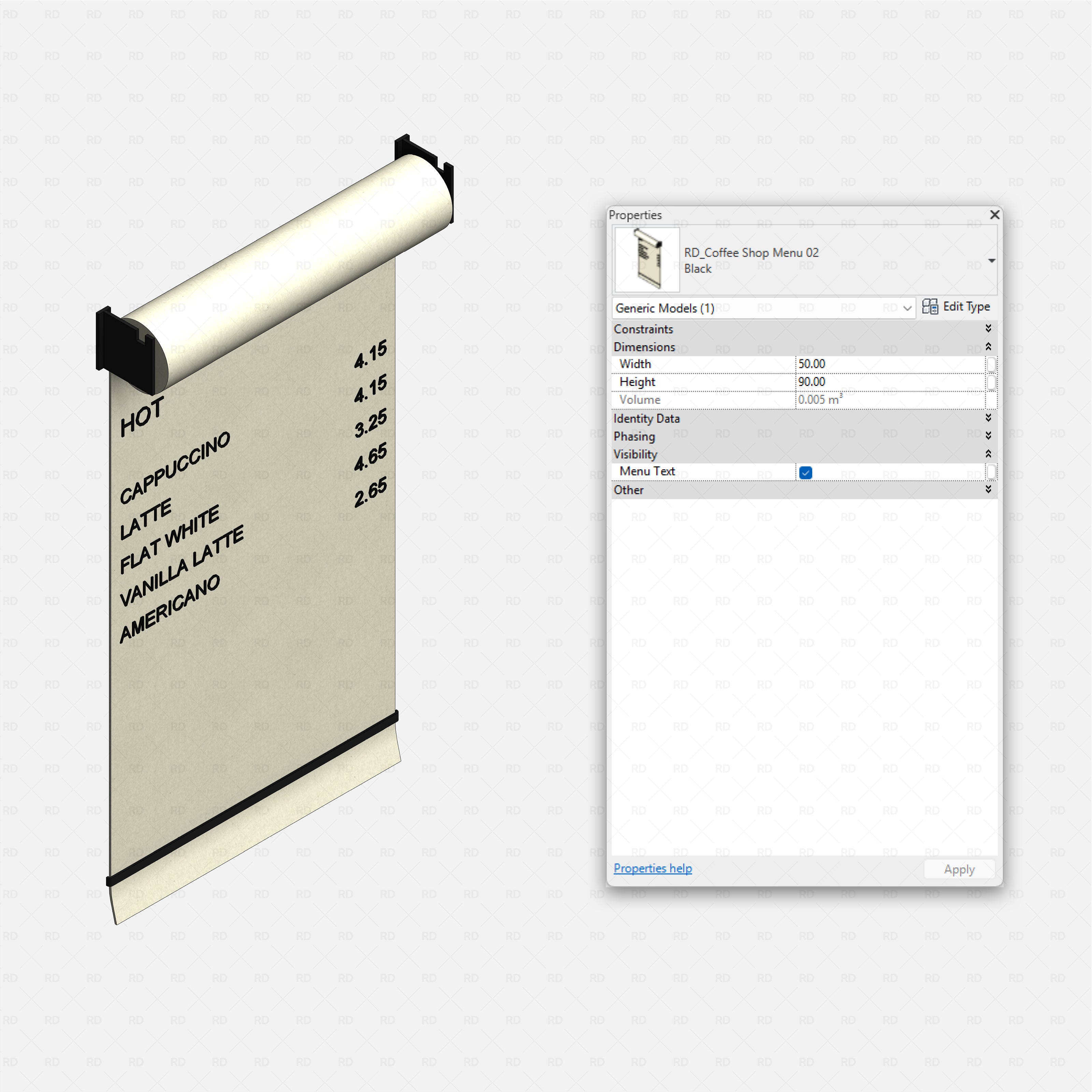 Revit Coffee Shop Furniture and Equipment pack RD Studio BIM blocks rfa hanging scroll coffee menu board family
