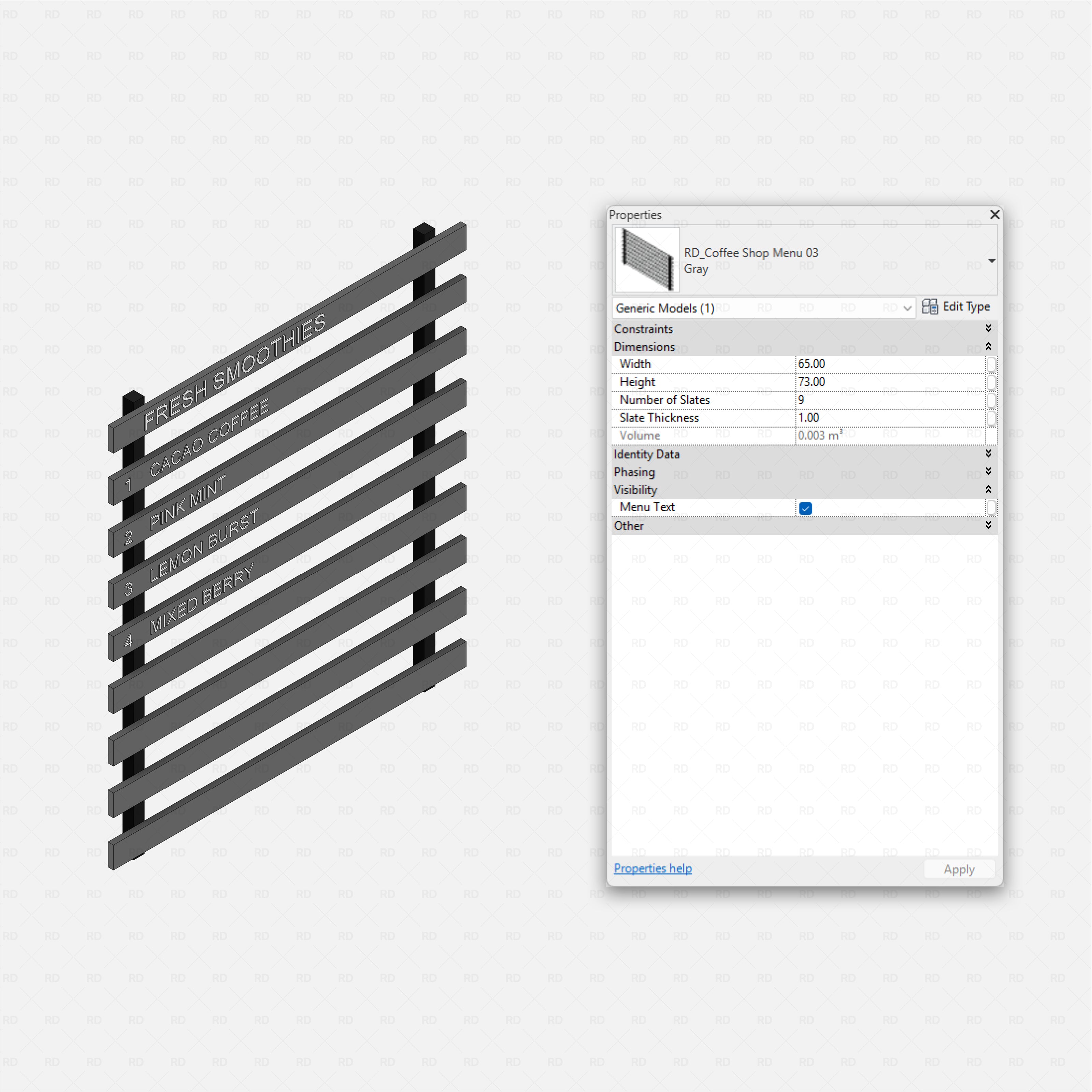 Revit Coffee Shop Furniture and Equipment pack RD Studio BIM blocks rfa slatted letterboard style coffee menu family