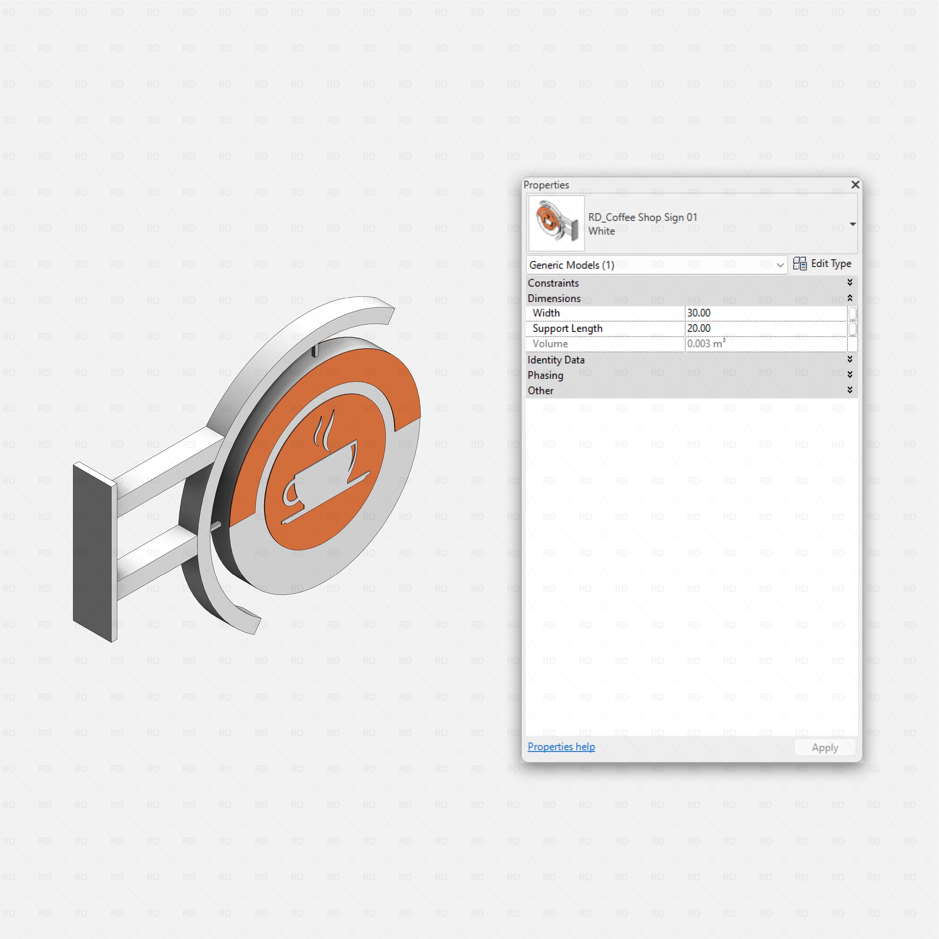 Revit Coffee Shop Furniture and Equipment pack RD Studio BIM blocks rfa round projecting coffee cup logo sign family