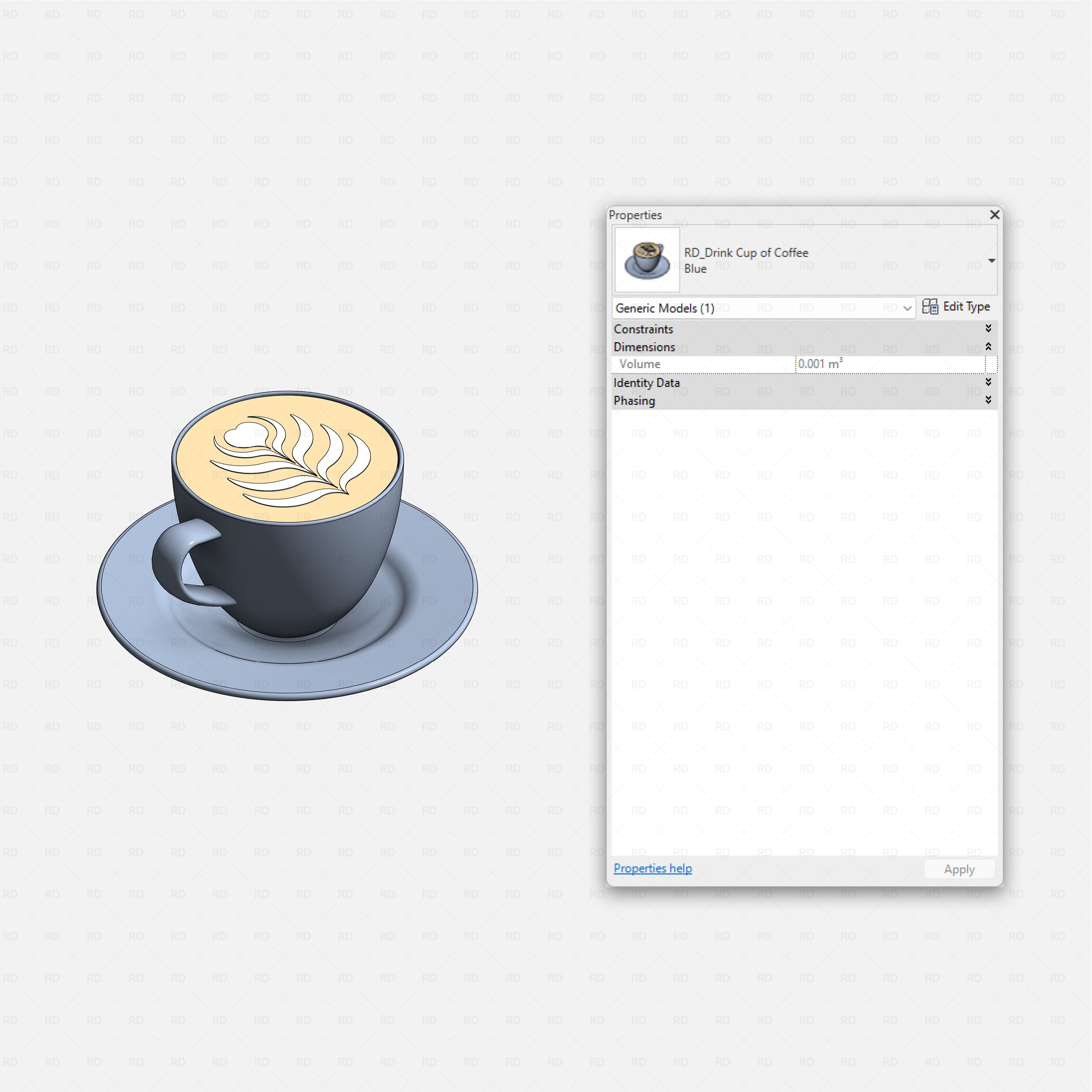 Revit Coffee Shop Furniture and Equipment pack RD Studio BIM blocks rfa ceramic latte cup with saucer and latte art