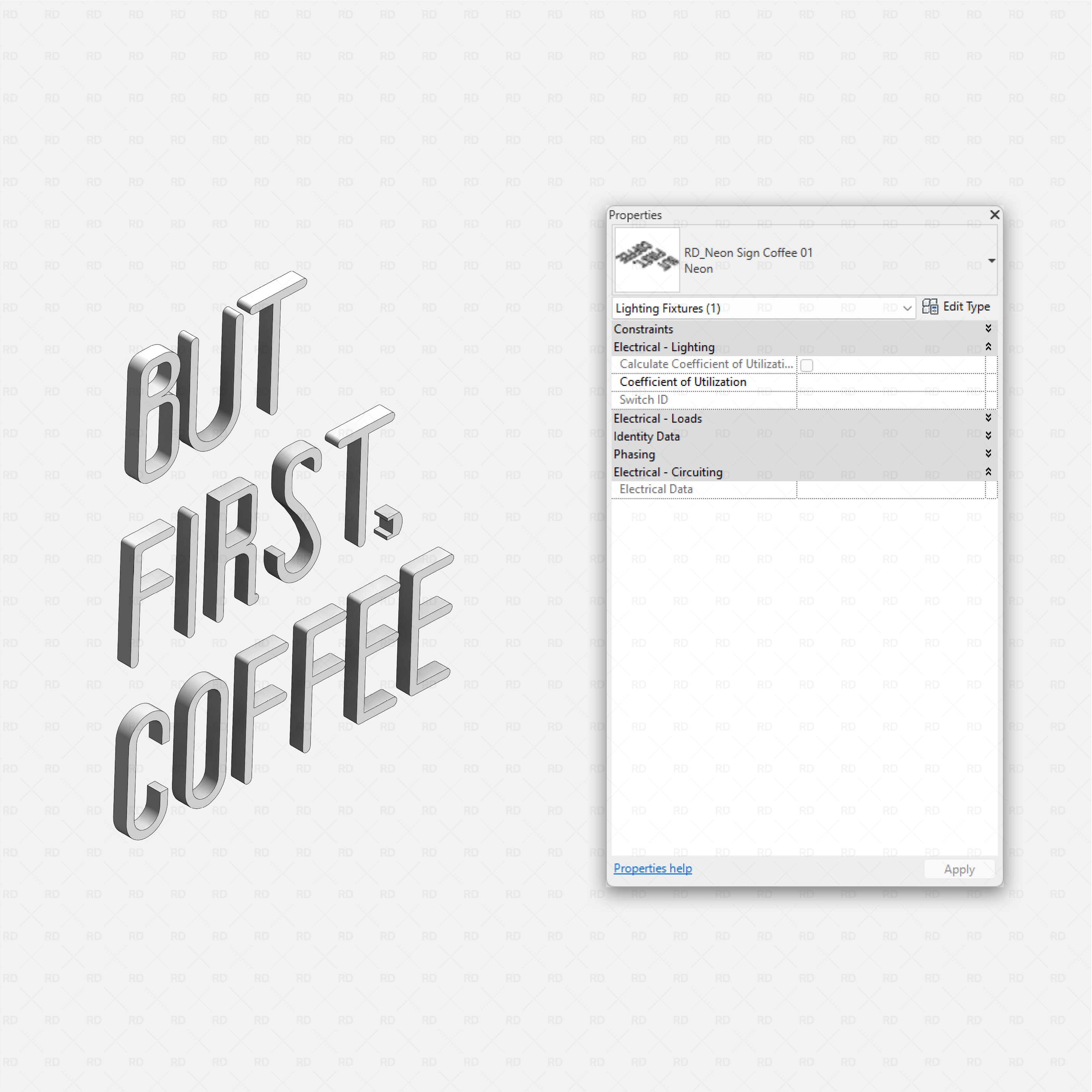 Revit Coffee Shop Furniture and Equipment pack RD Studio BIM blocks rfa wall neon sign reading but first coffee
