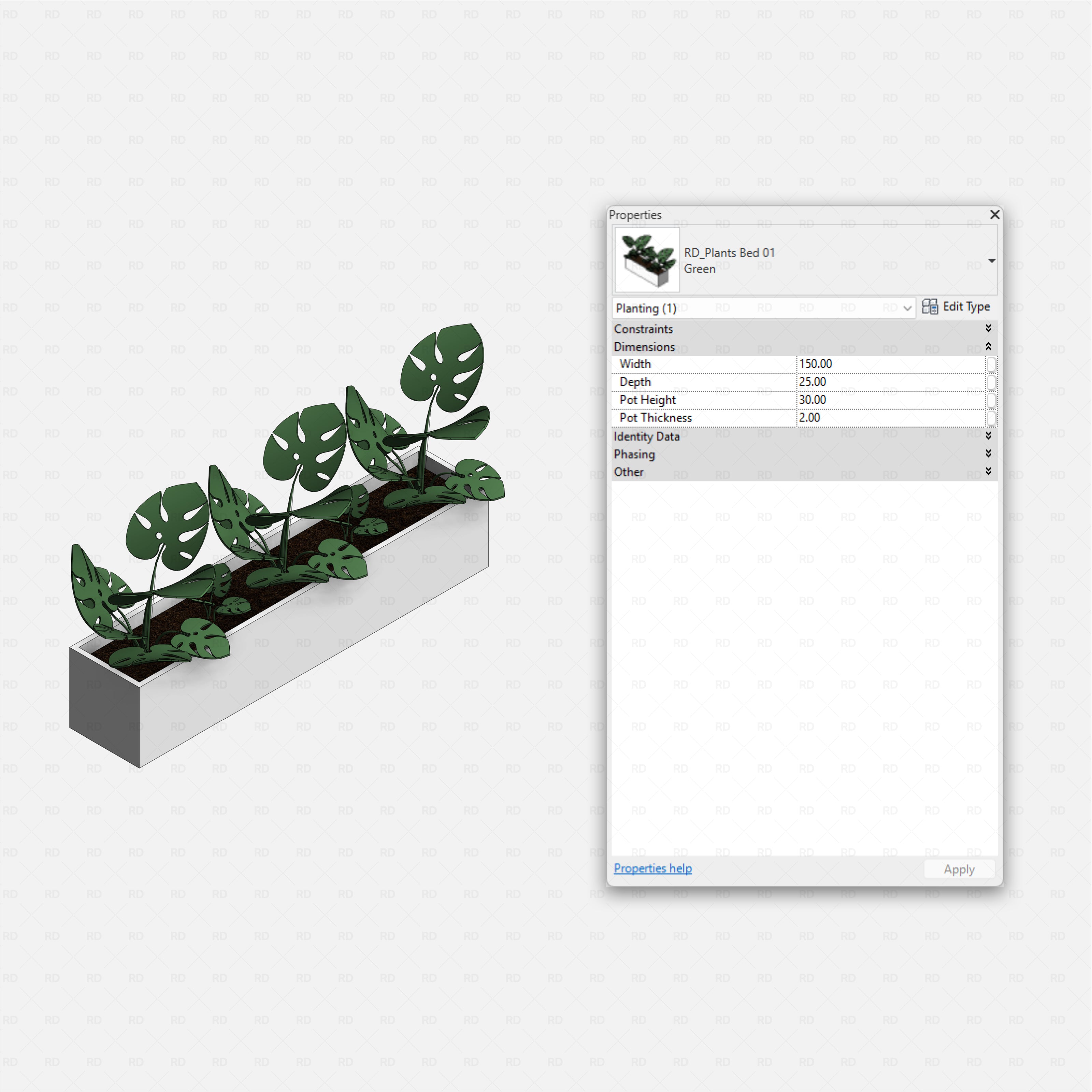 Revit Coffee Shop Furniture and Equipment pack RD Studio BIM blocks rfa linear planter box with monstera plants