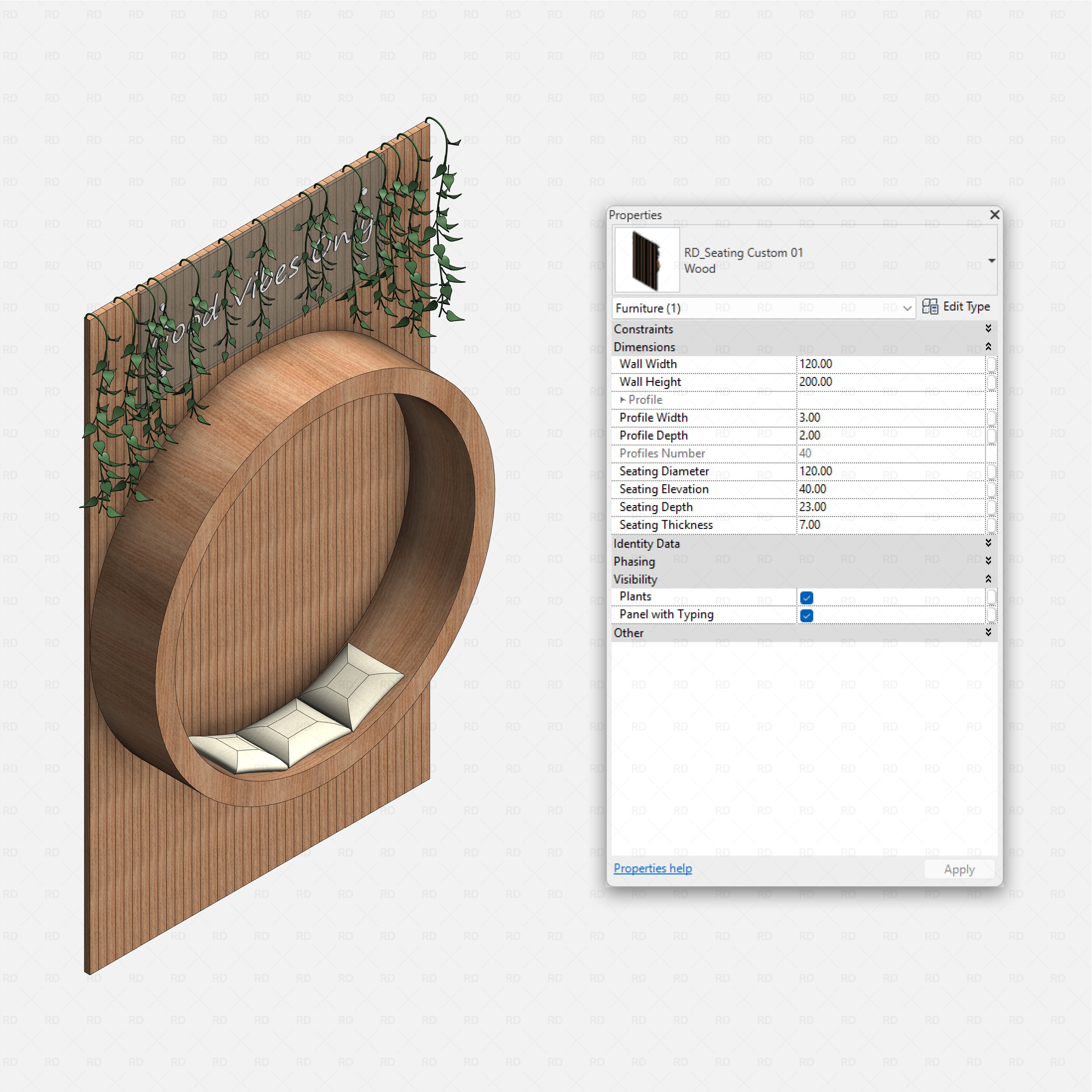 Revit Coffee Shop Furniture and Equipment pack RD Studio BIM blocks rfa circular nook wall seat with plants and neon text