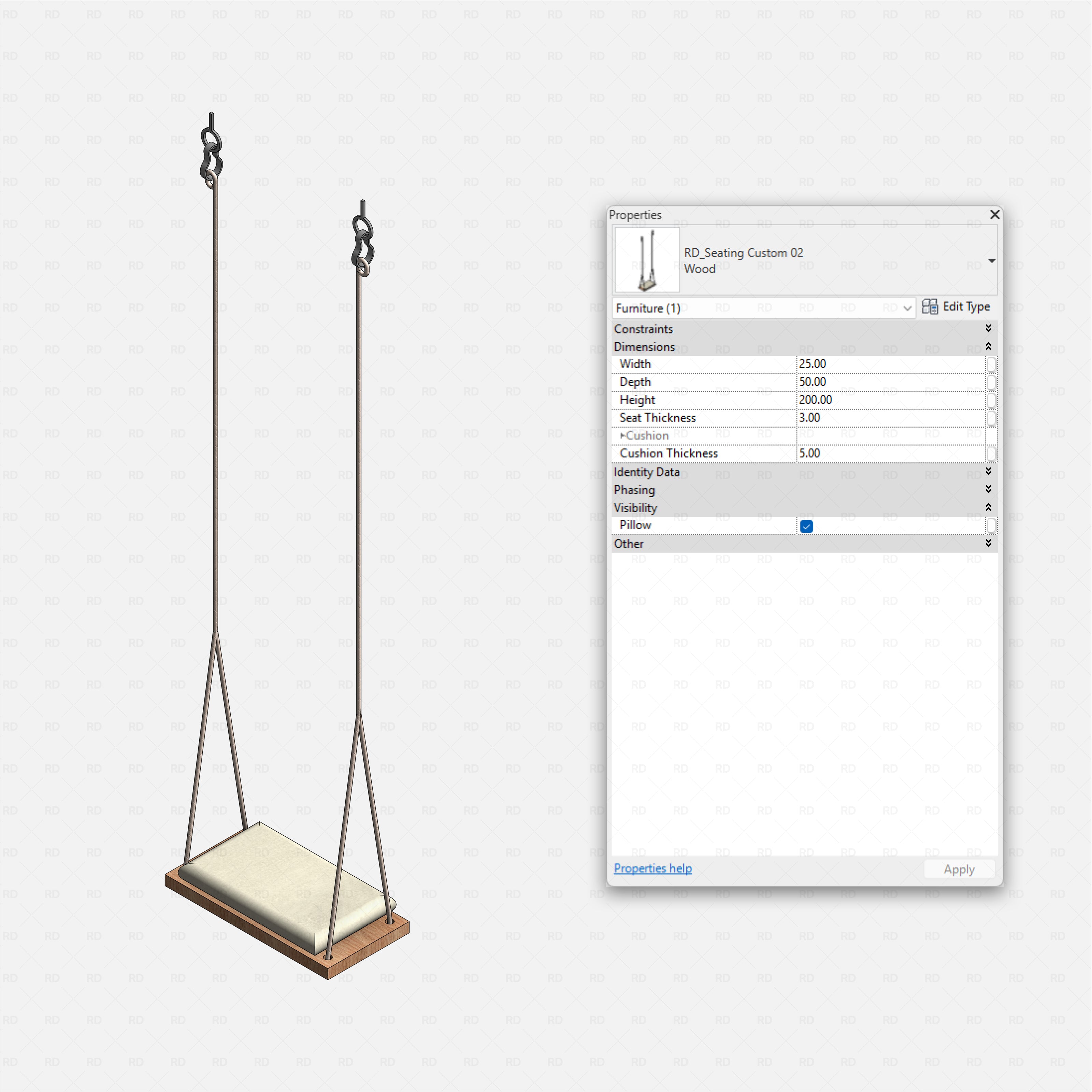 Revit Coffee Shop Furniture and Equipment pack RD Studio BIM blocks rfa hanging swing seat with cushion for cafe interiors