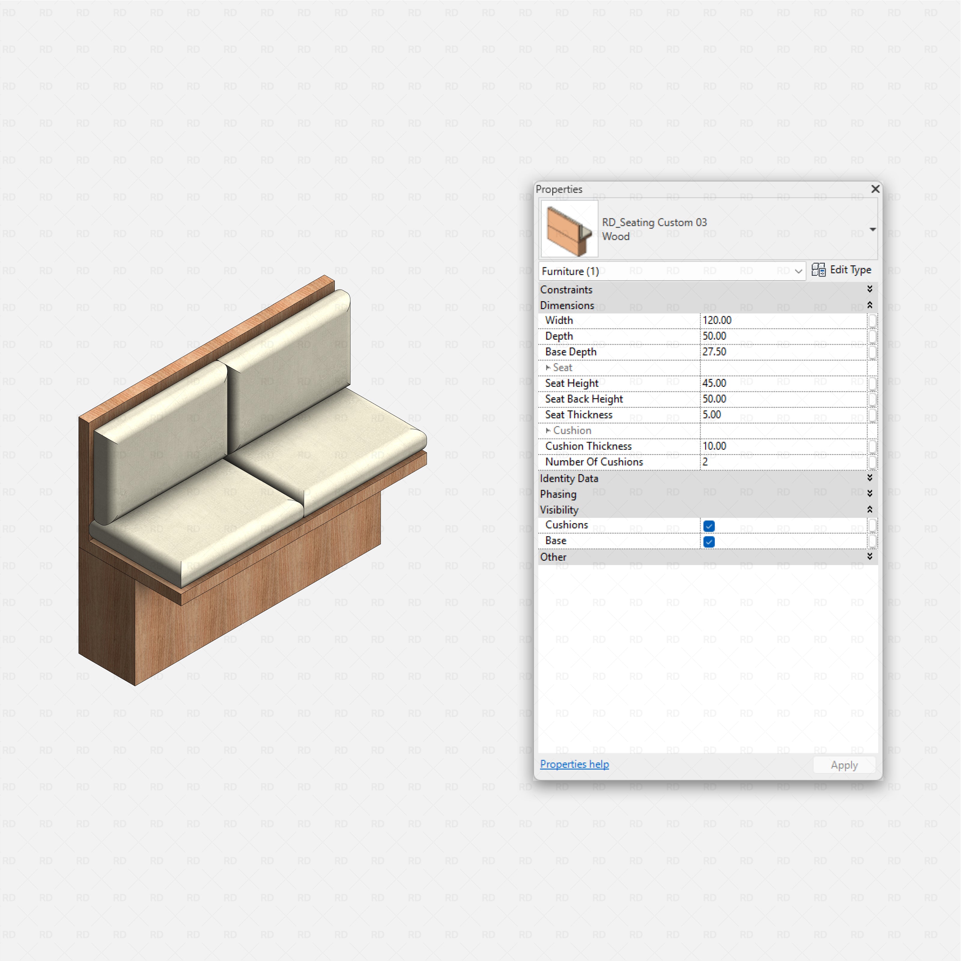 Revit Coffee Shop Furniture and Equipment pack RD Studio BIM blocks rfa straight booth bench with upholstered cushions