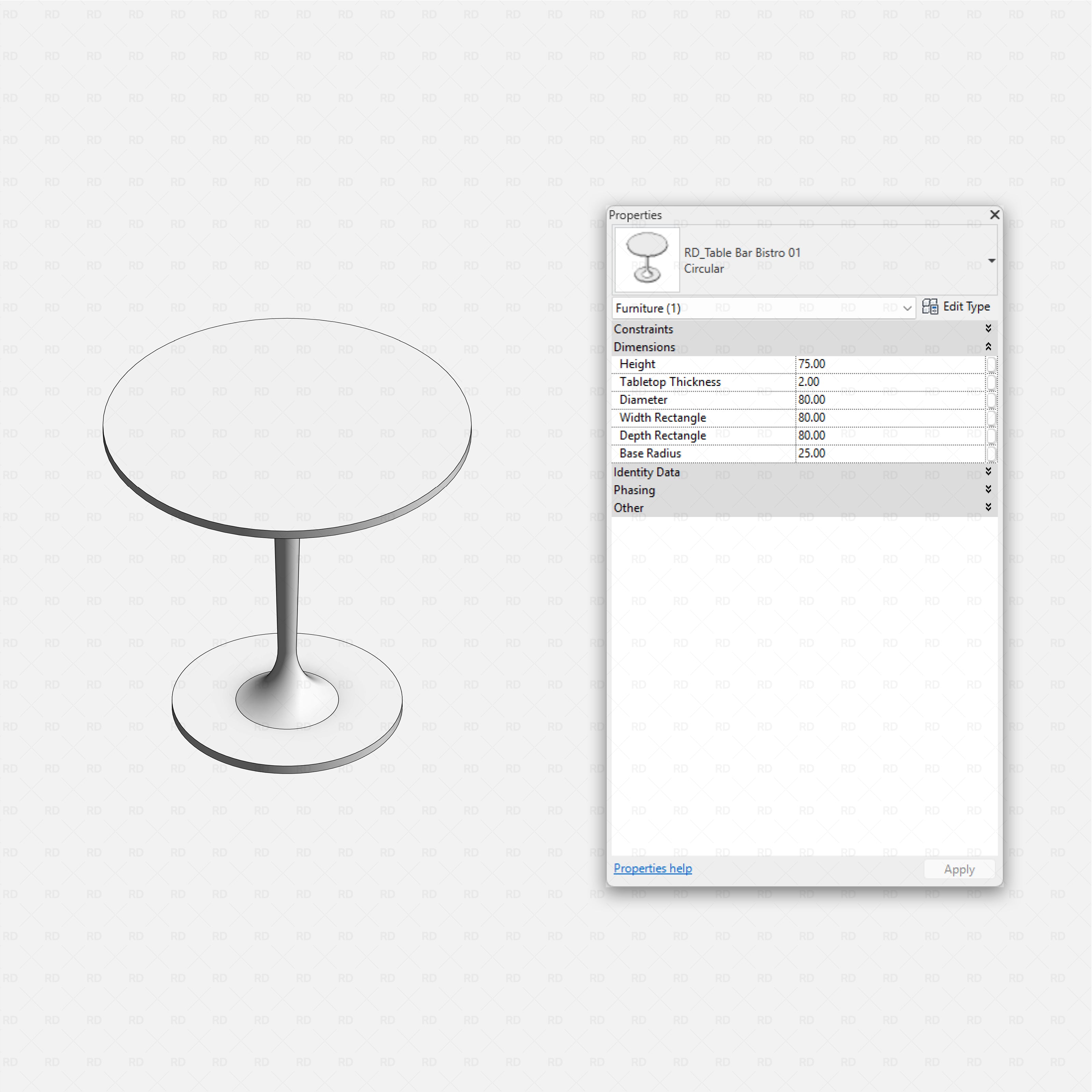 Revit Coffee Shop Furniture and Equipment pack RD Studio BIM blocks rfa round bistro bar table with circular pedestal base
