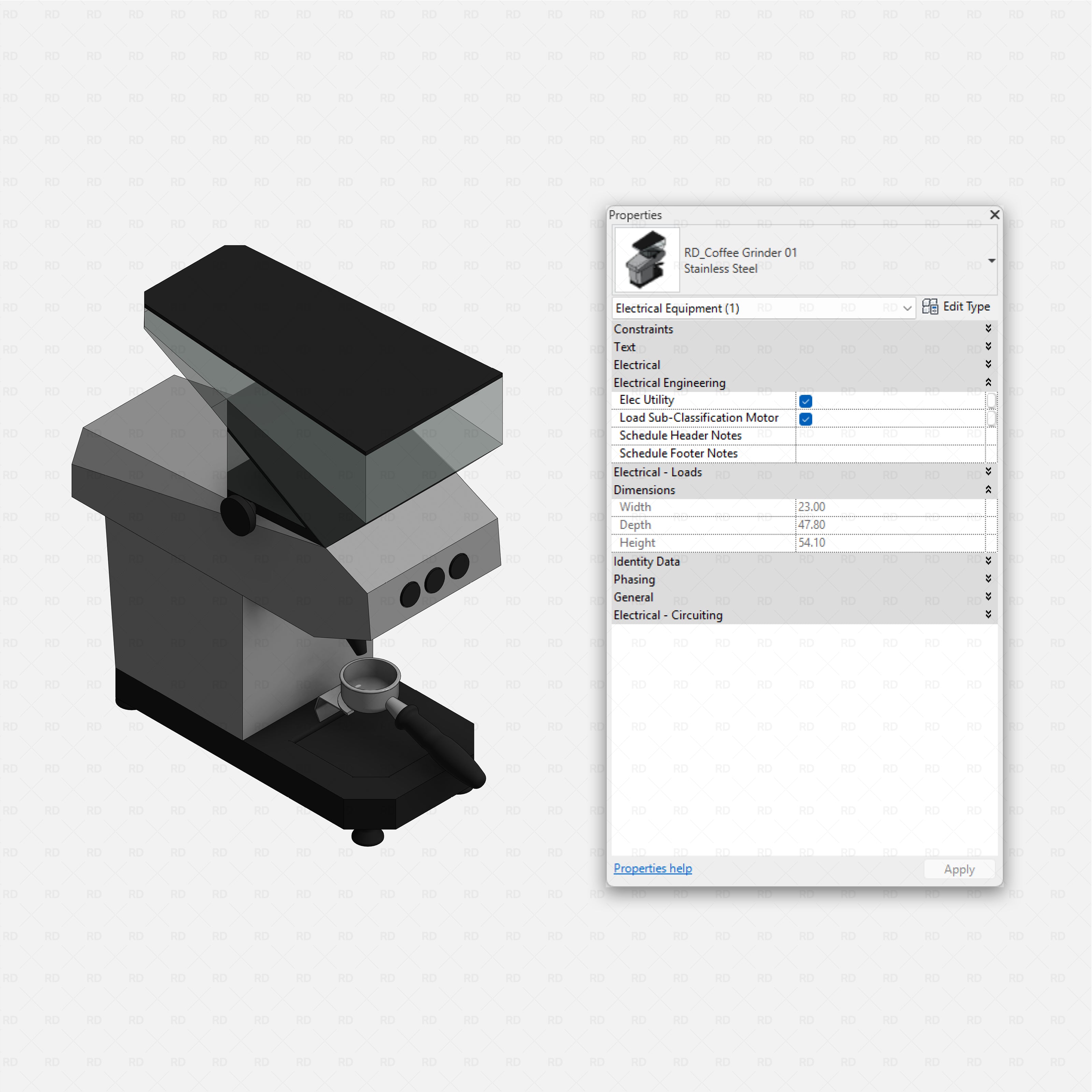 Revit Coffee Shop Furniture and Equipment pack RD Studio BIM blocks rfa espresso grinder family with hopper and portafilter