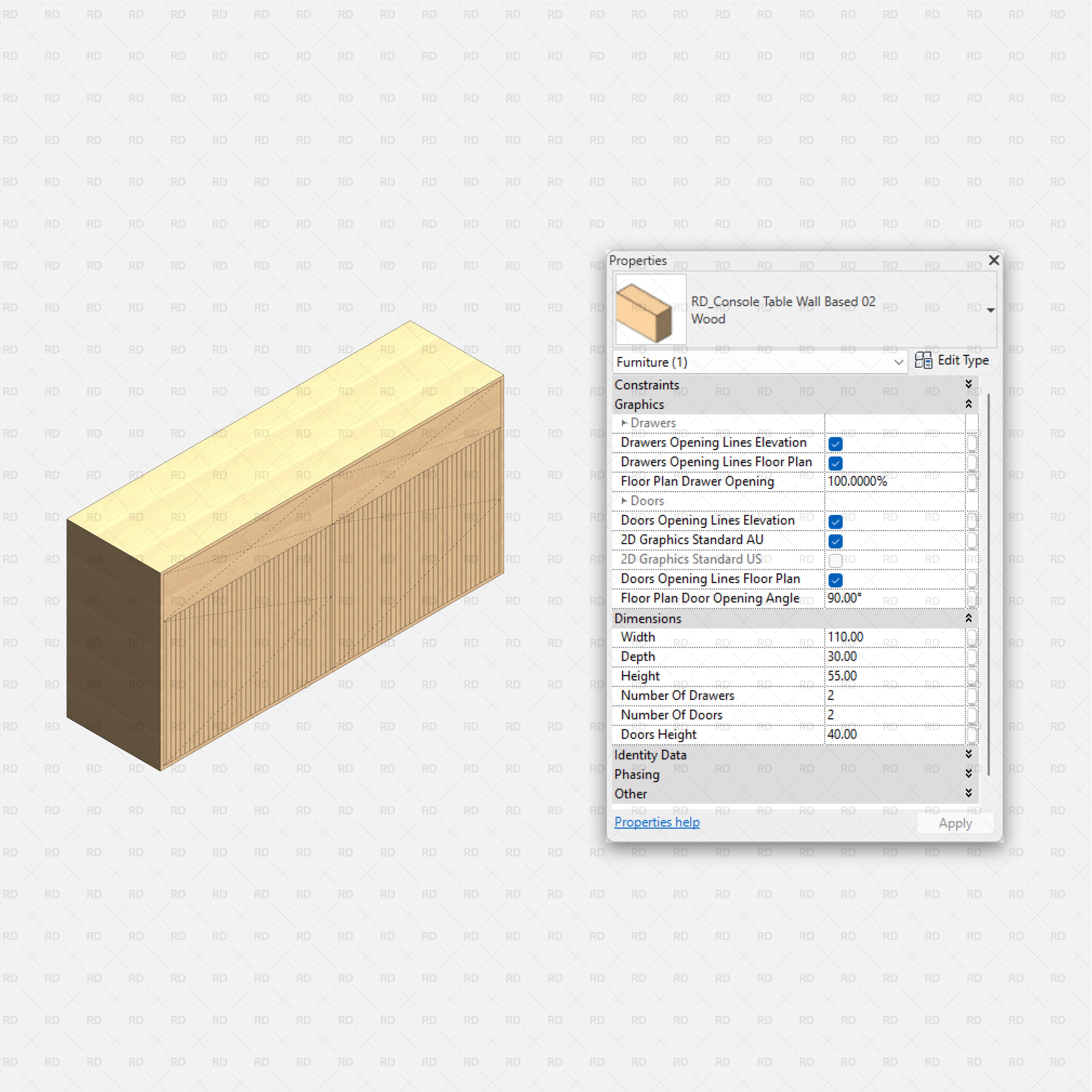 revit wall based console table RD Studio BIM blocks rfa – fluted front cabinet, 2 drawers and 2 doors