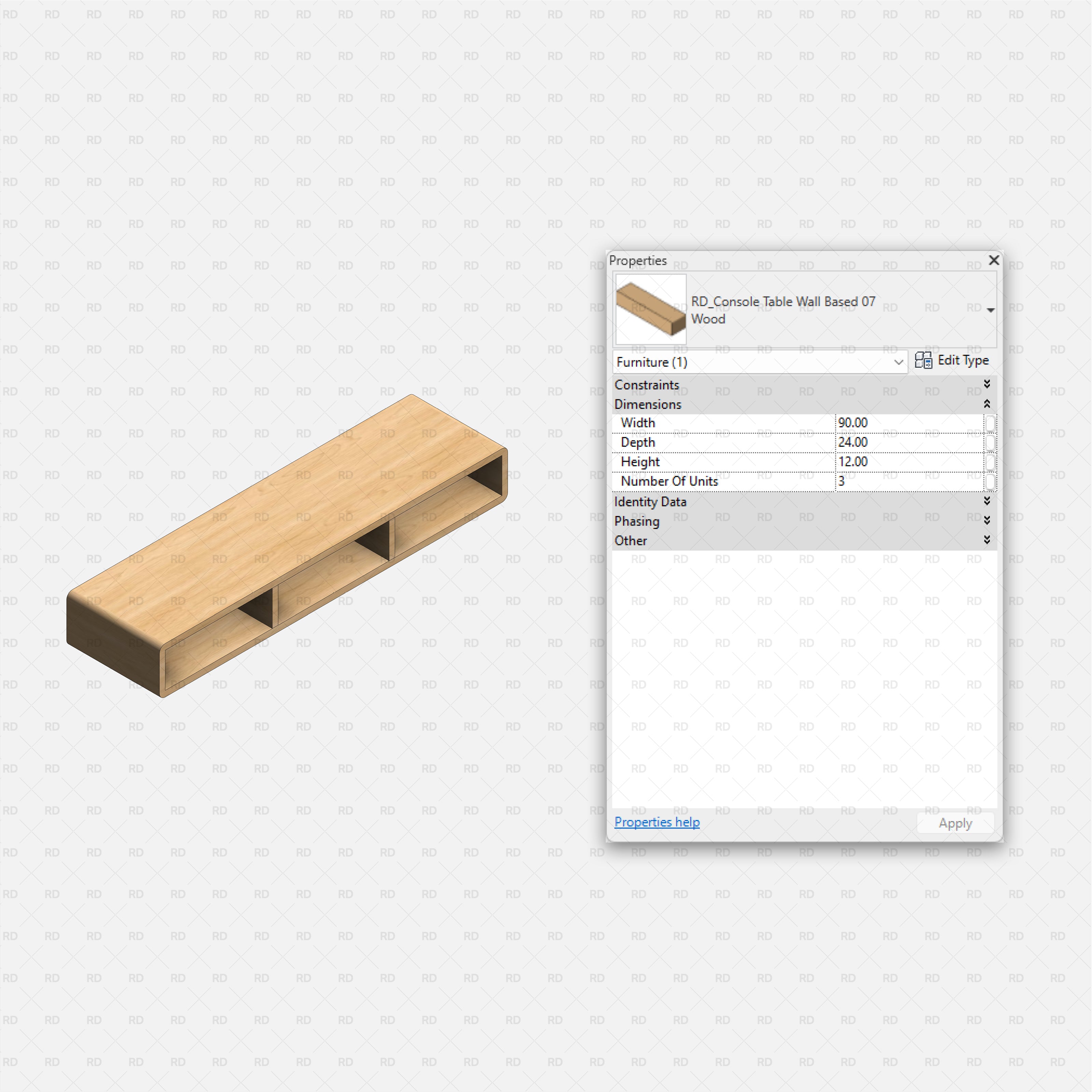 revit wall based console table RD Studio BIM blocks rfa – compact three-bay open cubby floating unit