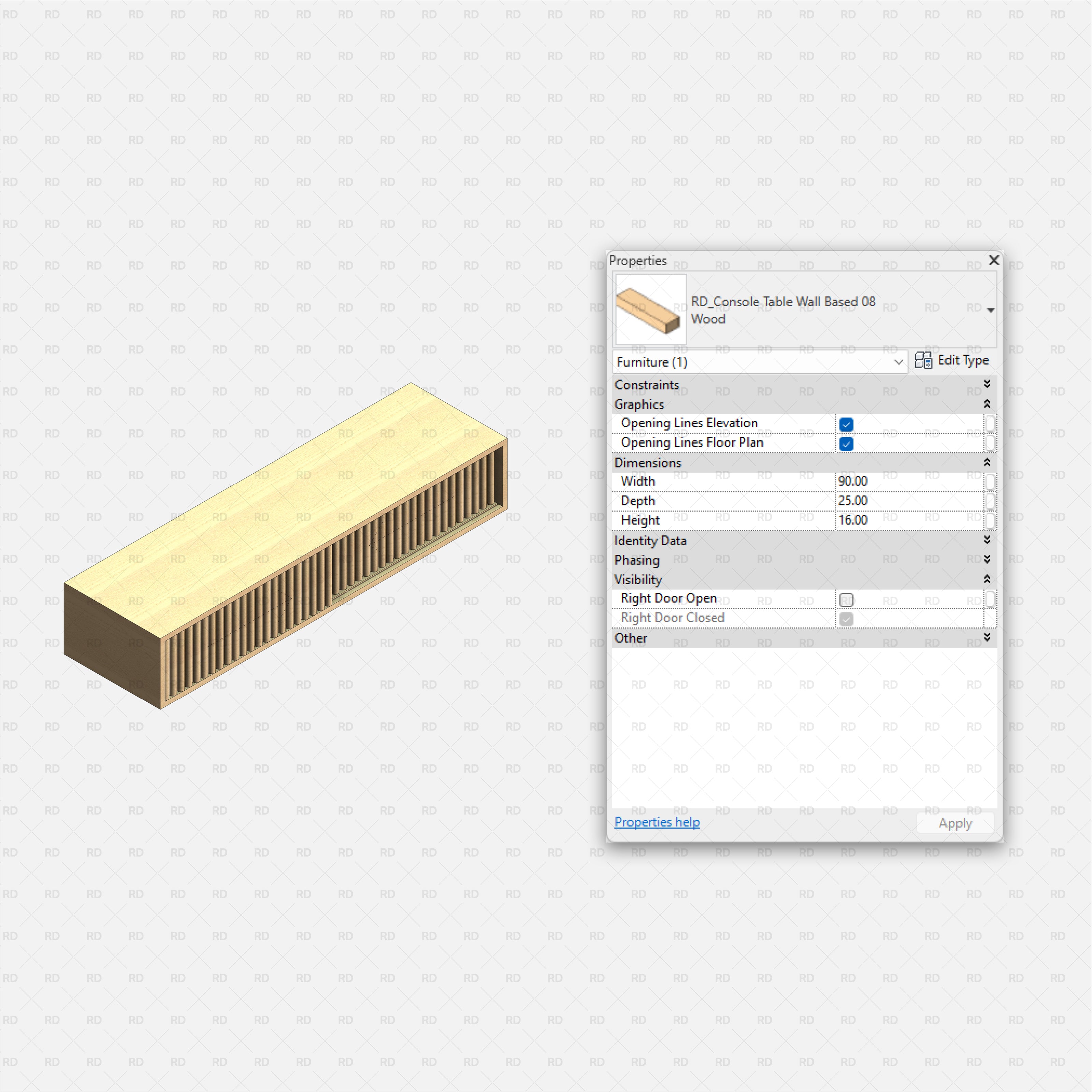 revit wall based console table RD Studio BIM blocks rfa light wood floating console with slatted front, long rectangular