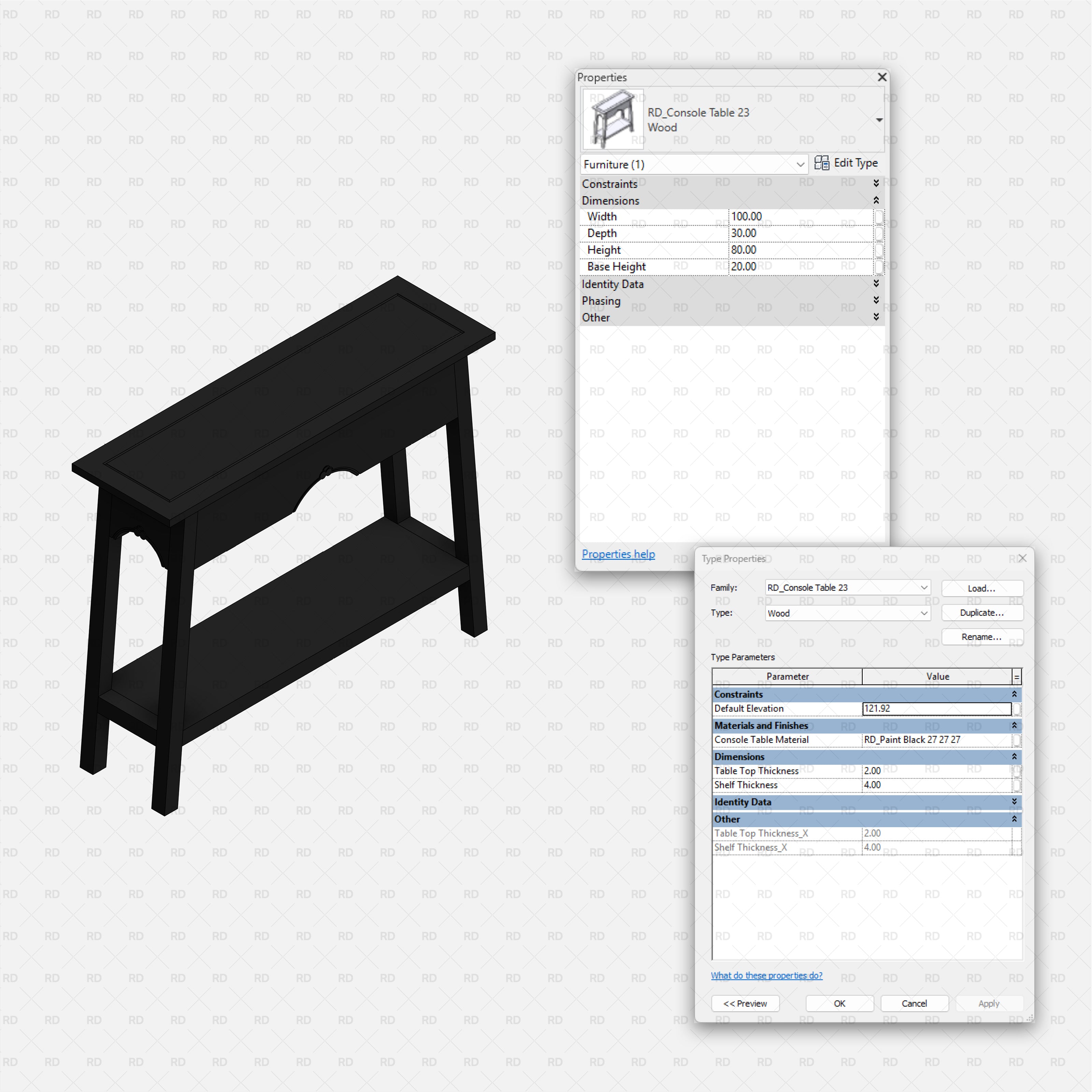 revit wood console table RD Studio BIM blocks rfa traditional black console with lower storage shelf