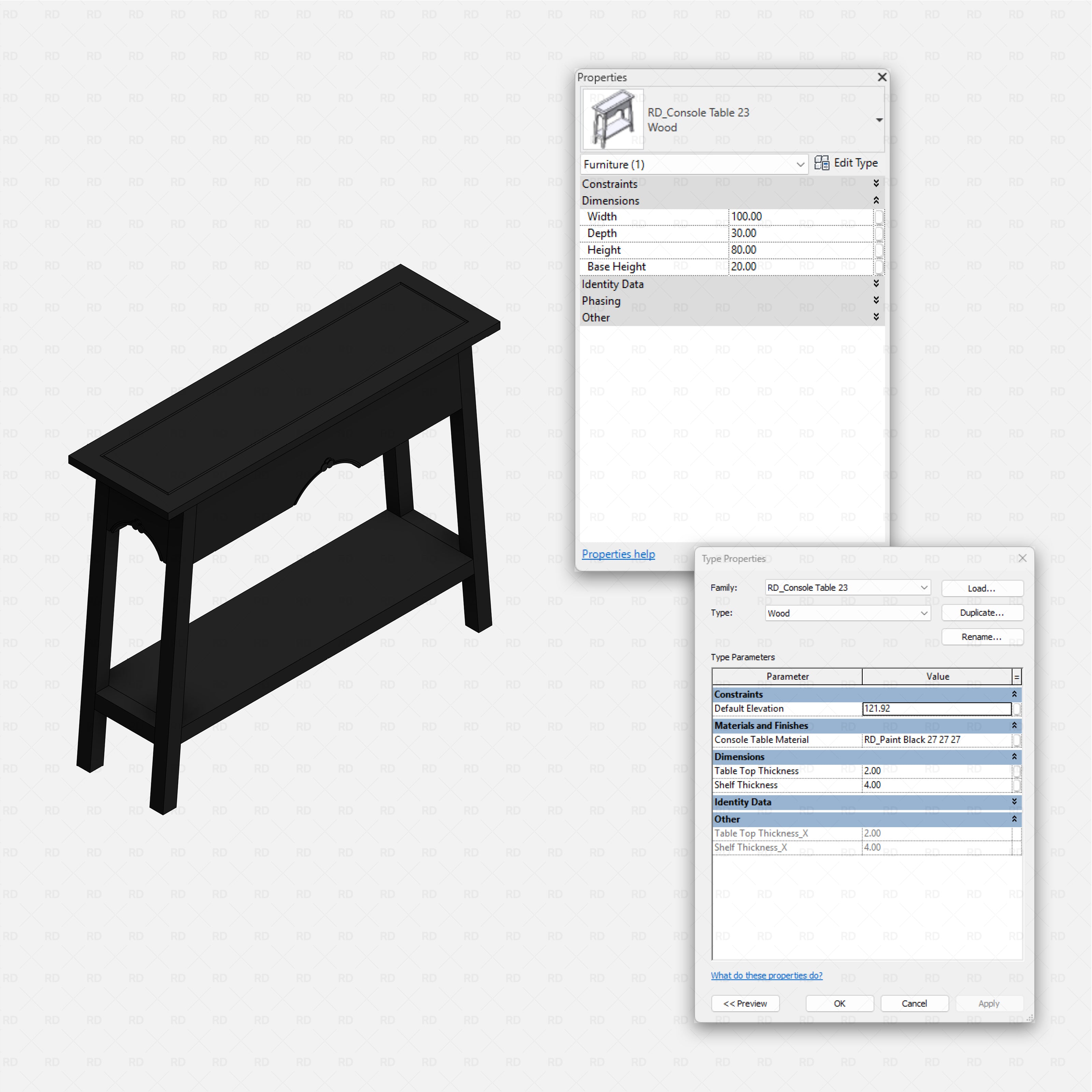 revit wood console table RD Studio BIM blocks rfa traditional black console with lower storage shelf