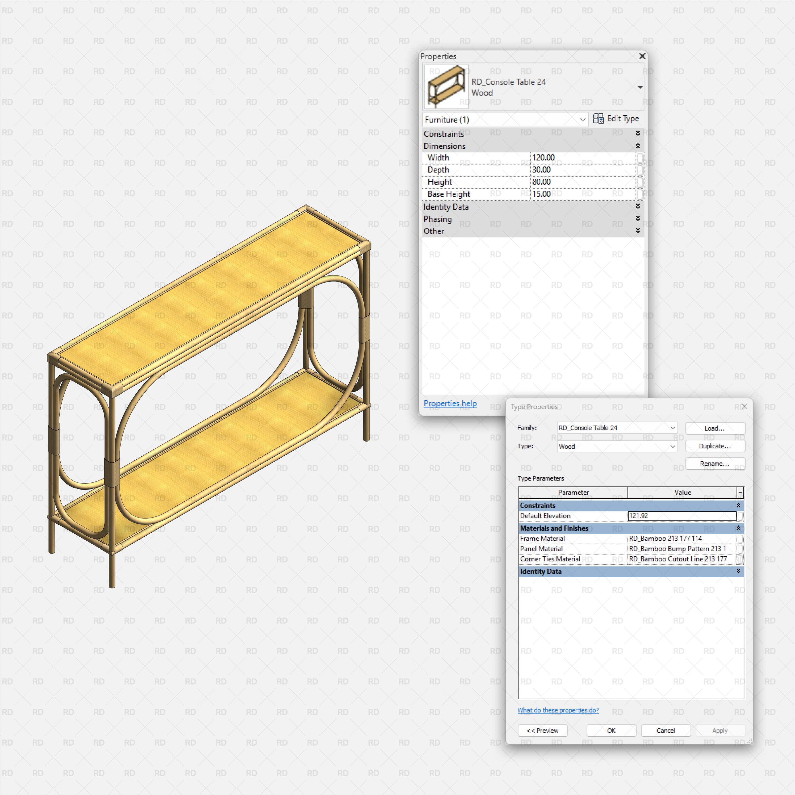 revit wood console table RD Studio BIM blocks rfa bamboo-style frame console with two tiers