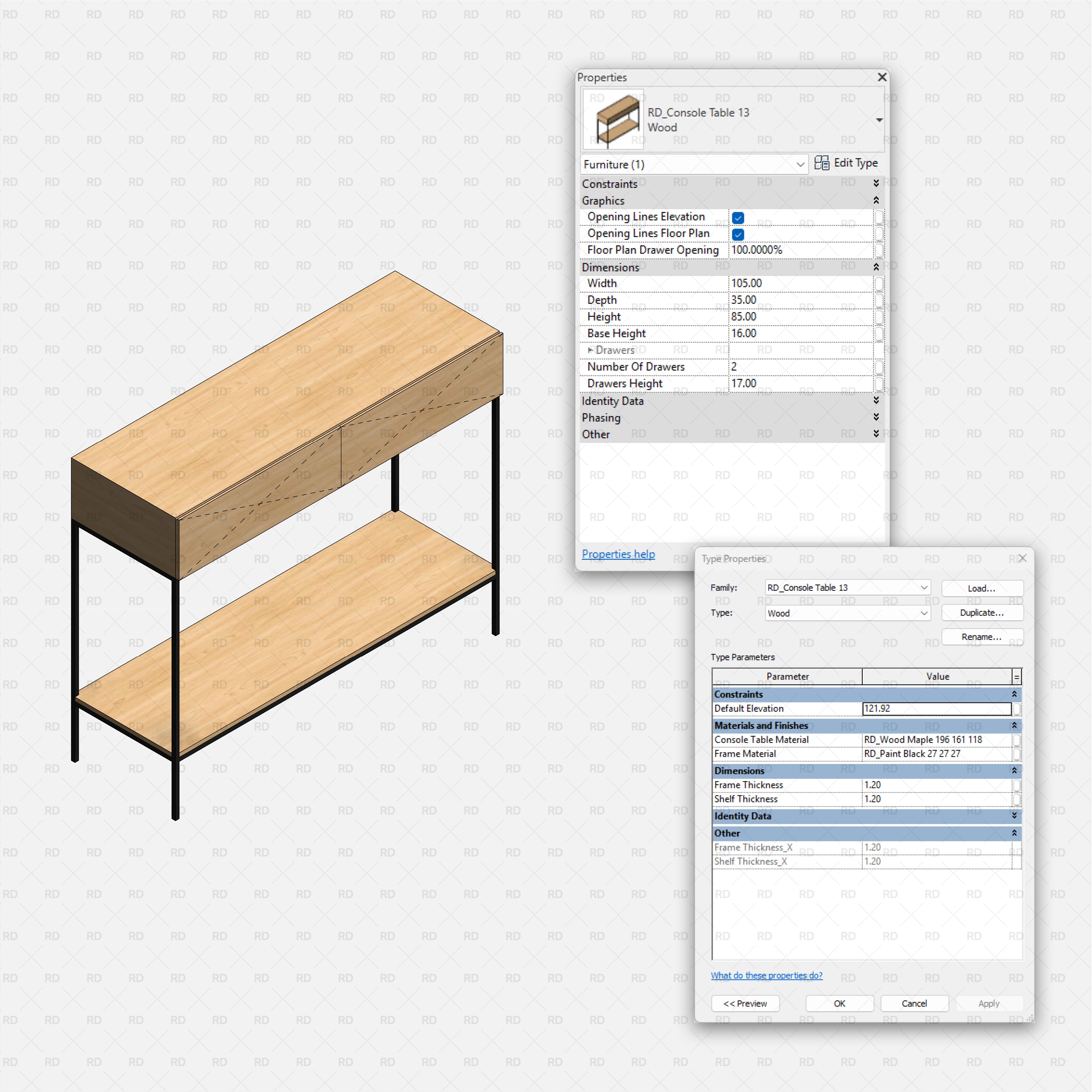 revit wood console table RD Studio BIM blocks rfa slim two-drawer console on metal frame with shelf