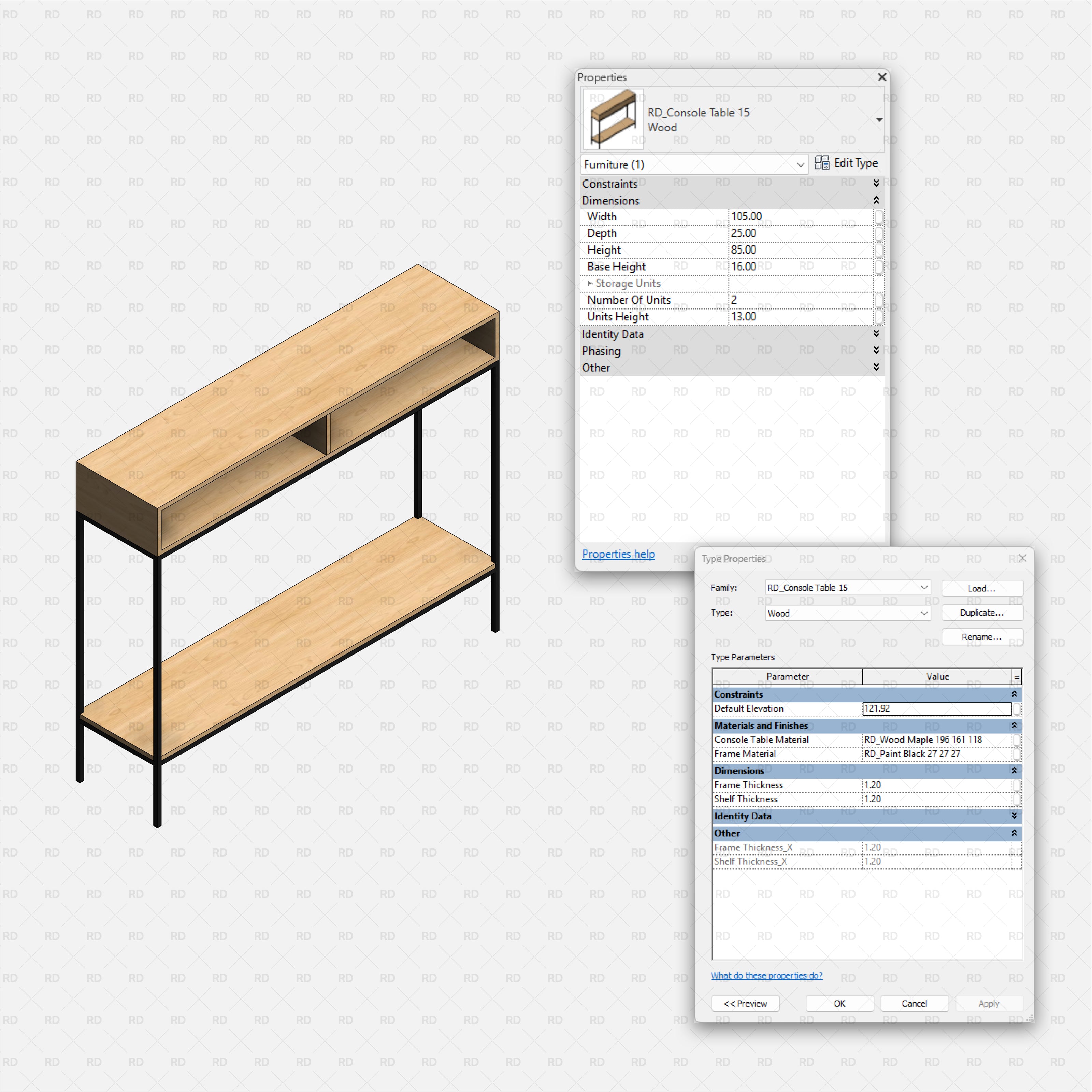 revit wood console table RD Studio BIM blocks rfa outline view of all console tables in one scene
