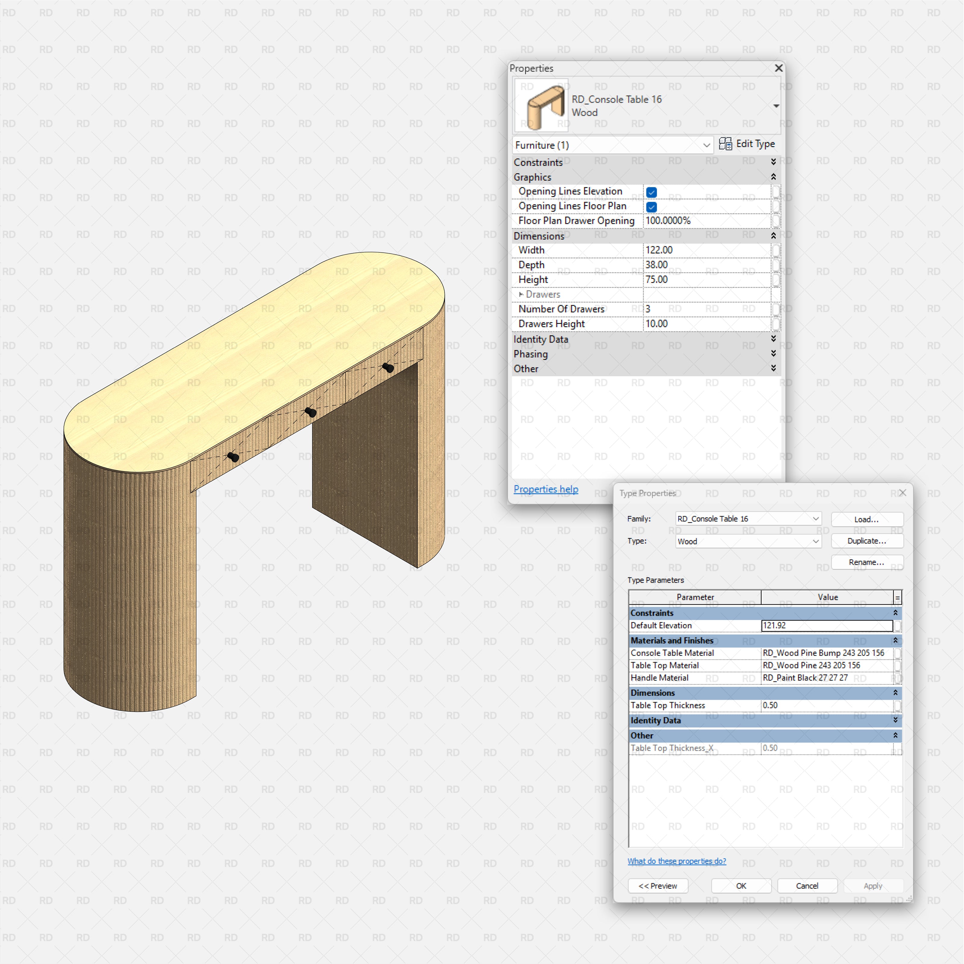 revit wood console table RD Studio BIM blocks rfa color render of assorted wooden consoles on slab