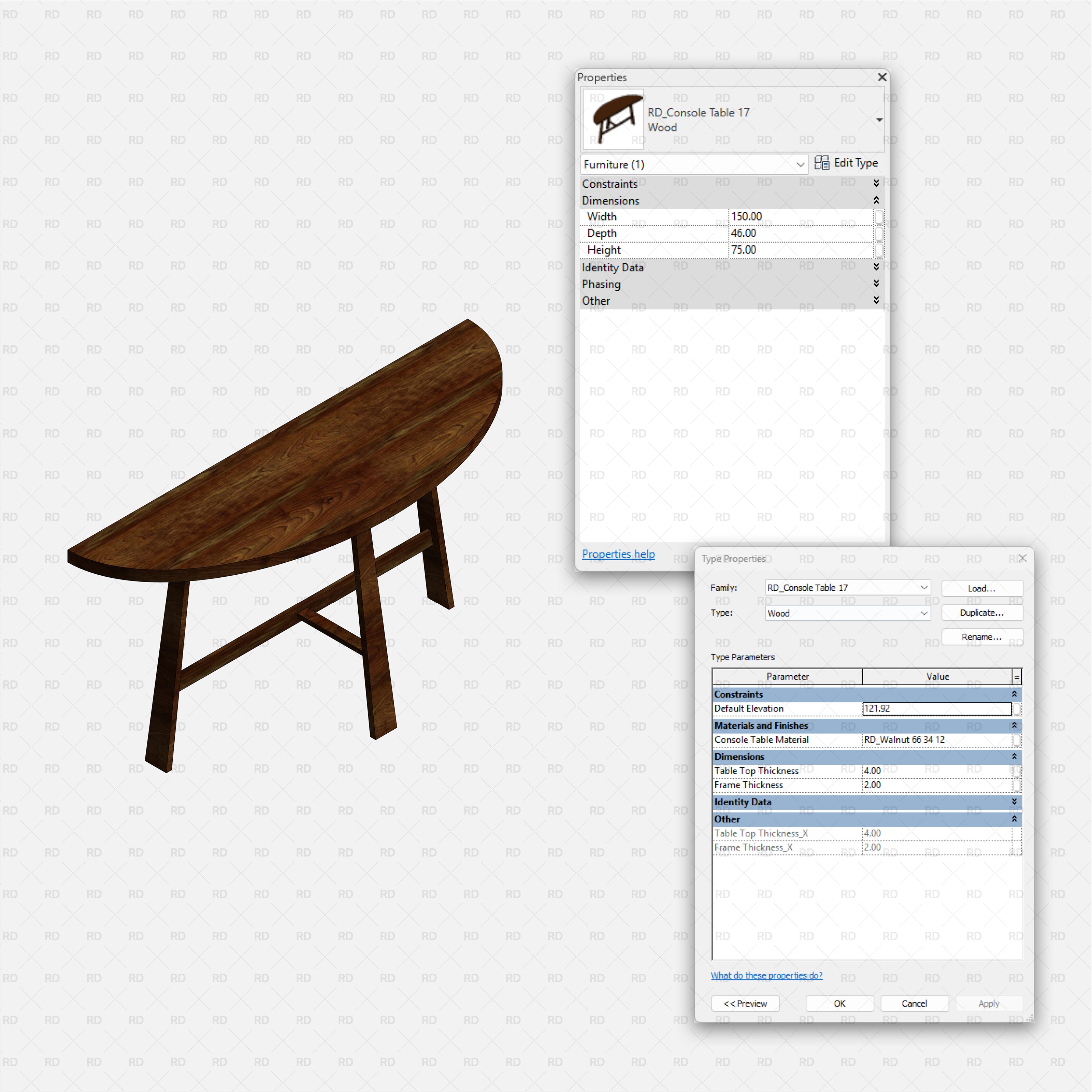 revit wood console table RD Studio BIM blocks rfa thumbnails of each model, variant lineup sheet
