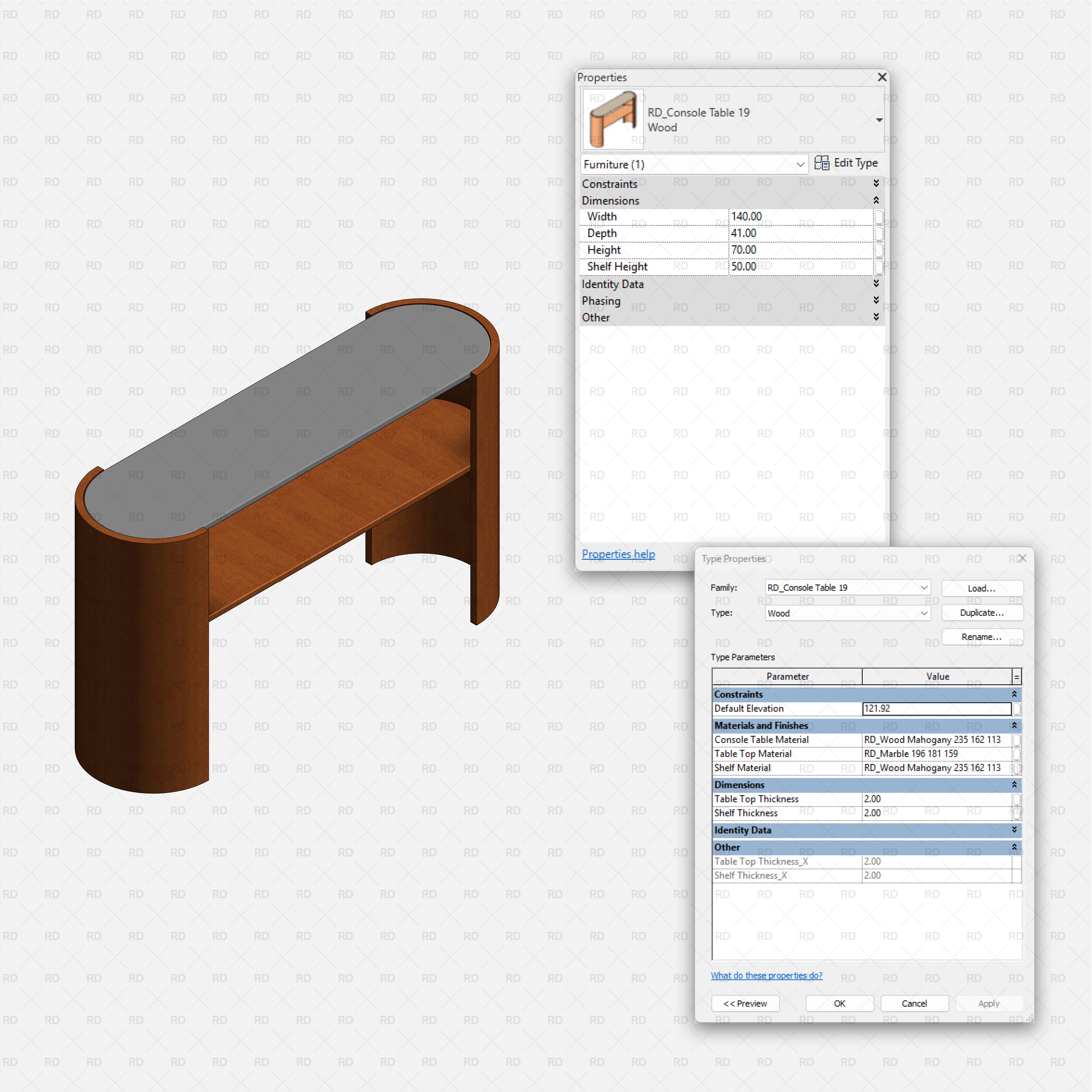 revit wood console table RD Studio BIM blocks rfa slim metal-frame console with two drawers and shelf