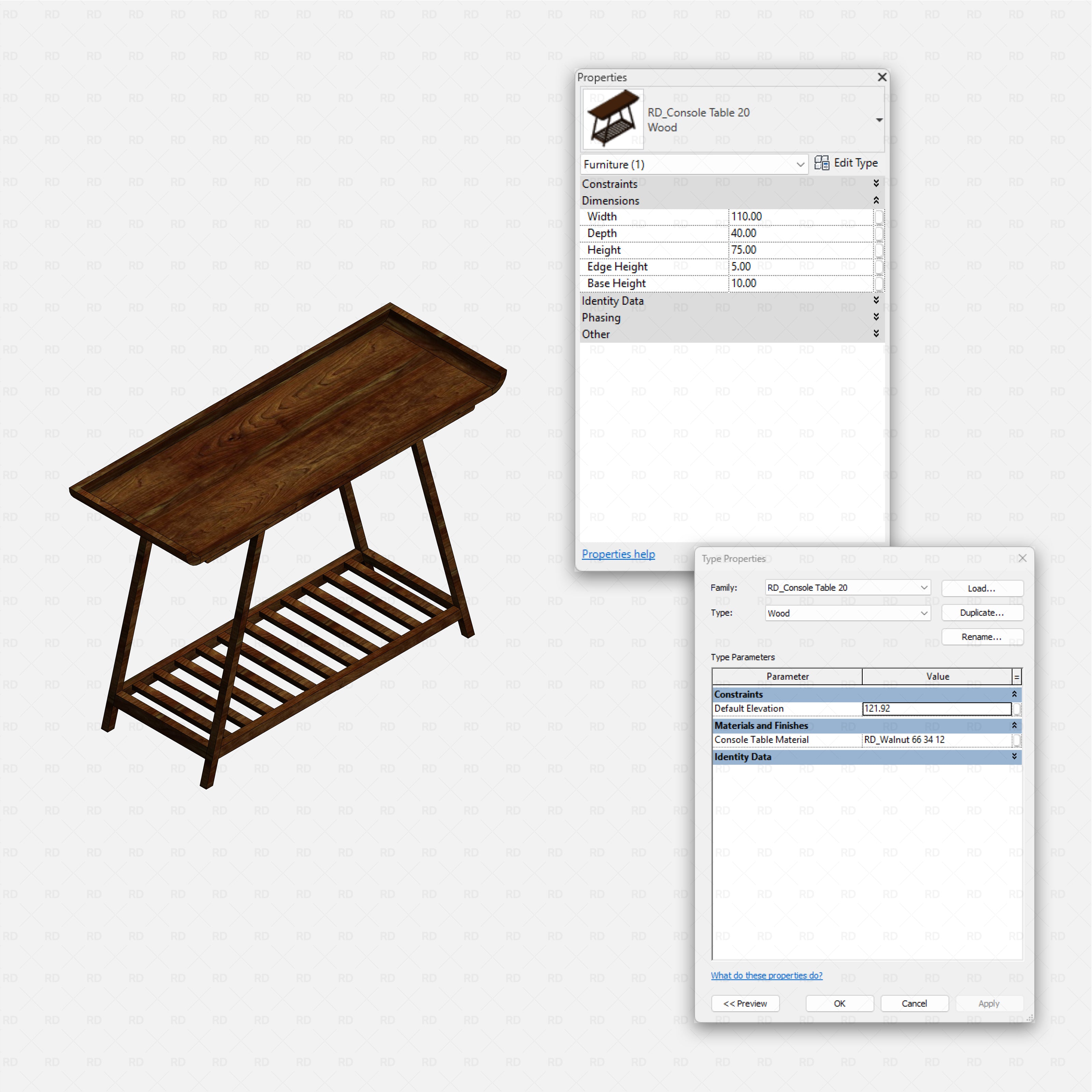revit wood console table RD Studio BIM blocks rfa walnut tray-top console with slatted lower rack