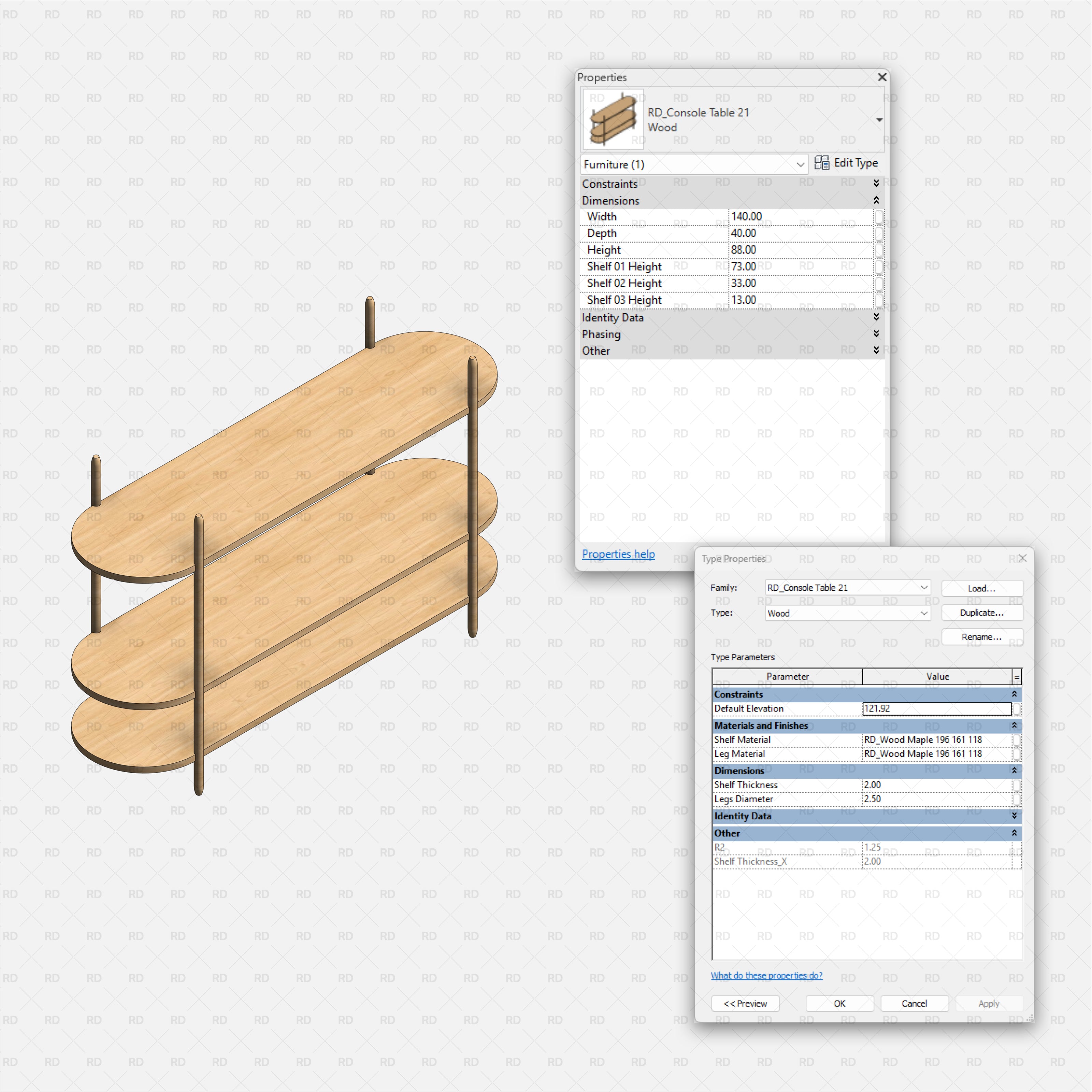 revit wood console table RD Studio BIM blocks rfa three oval wood shelves with vertical posts